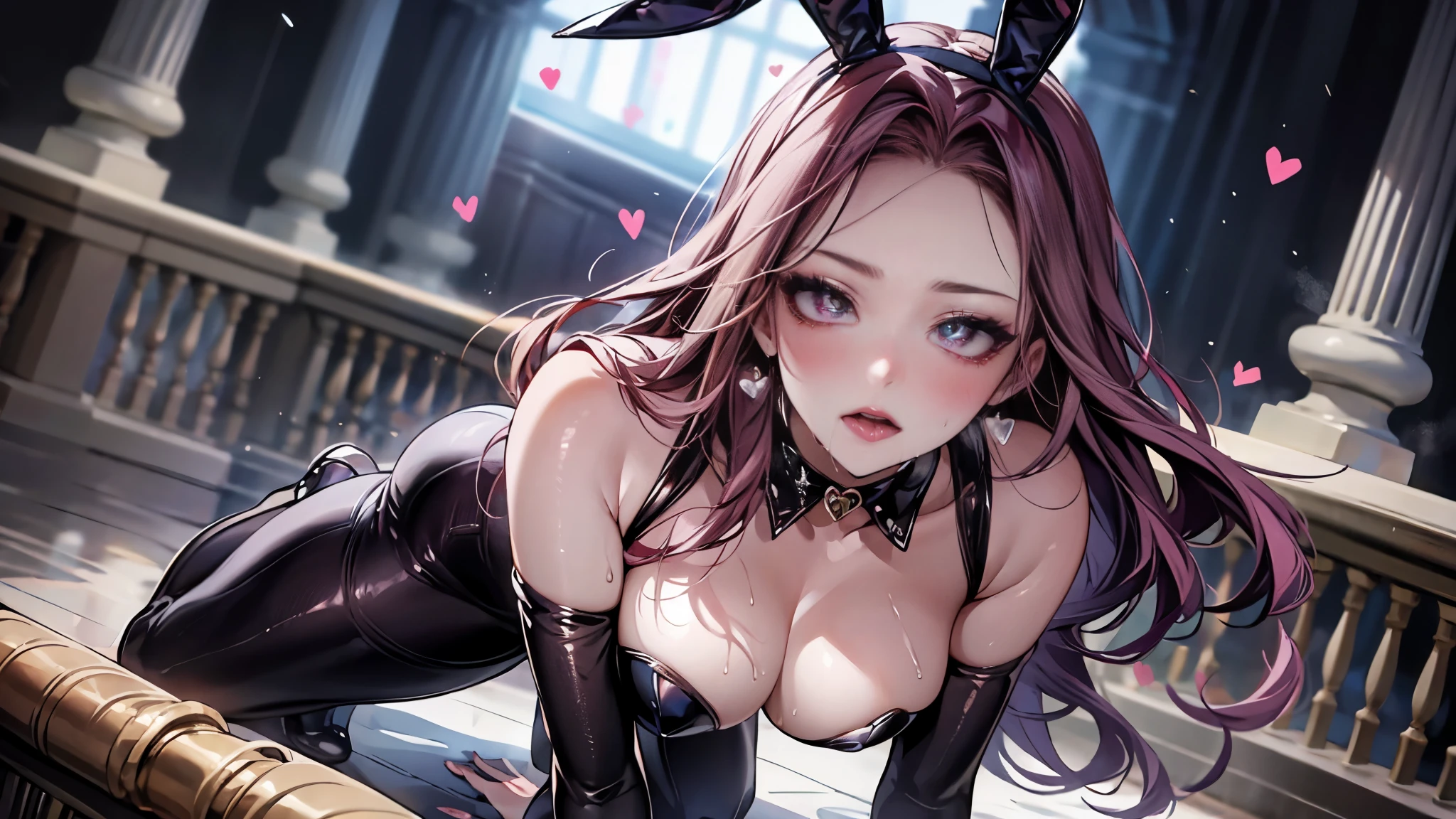 (Best quality, 8K, Masterpiece:1.3, 1girl, Beautiful girl), cute, Dynamism, Detailed face, Detailed skin, detailed clothes, Detailed eyes, Detailed lips, Detailed tongue, Detailed fingers, Detailed mouth, Photorealistic, Raw photo, highres, hight resolution, Natural lighting, dynamic pose, perfect anatomy, toned legs, double eyelids, tear bags, round eyes, moist lips, sweaty, ((reverse bunnysuit, heart pasties, heart pupil)), playboy bunny, wrist cuffs, casino, tie, pantyhose, coattails, ecstatic face, red hair, drooling, sheer, wet body, collar, looking at viewer, masturbation, steam, blush, ahegao:1.5, sticking tongue out, cum on tongue, Forehead