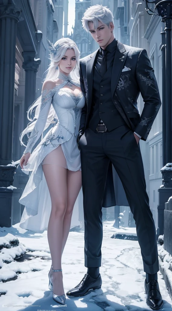 Full body photorealistic of a beautiful couple,  very handsome hunky celestial white Jack Frost and very beautiful and sexyness celestial white ice Princess , standing firmly face frontal camera focus asymmetrical face details,charachter, beautiful, devian art, trending artstation, digital art, detailed, realistic, humanoide, character,cinematic sho ,cinematic lights, high textures, high resolution, dreamlikeart, 8k, highly detailed, stabilized diffusion 