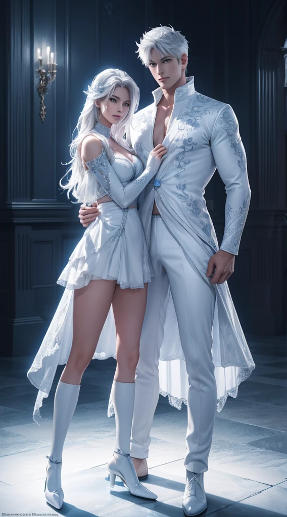Full body photorealistic of a beautiful couple,  very handsome hunky celestial white Jack Frost and very beautiful and sexyness celestial white ice Princess , standing firmly face frontal camera focus asymmetrical face details,charachter, beautiful, devian art, trending artstation, digital art, detailed, realistic, humanoide, character,cinematic sho ,cinematic lights, high textures, high resolution, dreamlikeart, 8k, highly detailed, stabilized diffusion 