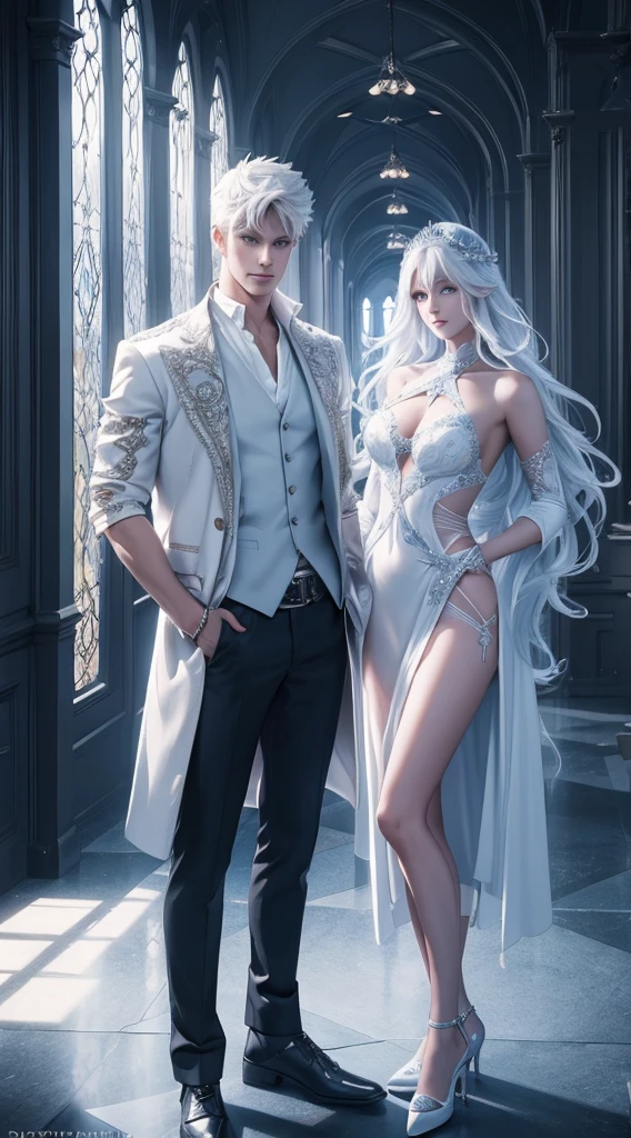 Full body photorealistic of a beautiful couple,  very handsome hunky celestial white Jack Frost and very beautiful and sexyness celestial white ice Princess , standing firmly face frontal camera focus asymmetrical face details,charachter, beautiful, devian art, trending artstation, digital art, detailed, realistic, humanoide, character,cinematic sho ,cinematic lights, high textures, high resolution, dreamlikeart, 8k, highly detailed, stabilized diffusion 