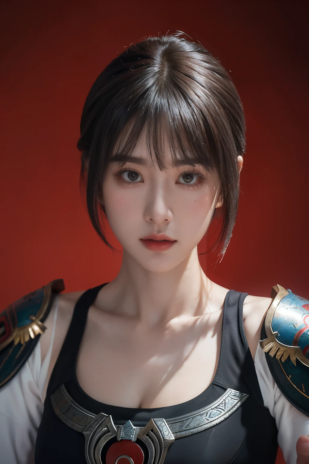 Masterpiece,Game art,The best picture quality,Highest resolution,8K,(Portrait),Unreal Engine 5 rendering works,(Digital Photography),
Girl,Beautiful pupil,(Gradual short hair is blue and red),Busty,(Big breasts),(Portrait photography:1.5),
(A chivalrous woman in Tang Dynasty),Casual hairstyle,Delicate faces,(Full breasts,Big breasts),Serious,Cool and elegant,(Wearing combat armor combined with the characteristics of ancient Chinese clothing,A complex pattern,Mysterious light,Hollow Armor),(Red and black),Ancient fantasy style characters
Movie lights，Ray tracing，Game CG，((3D Unreal Engine))，oc render reflection texture