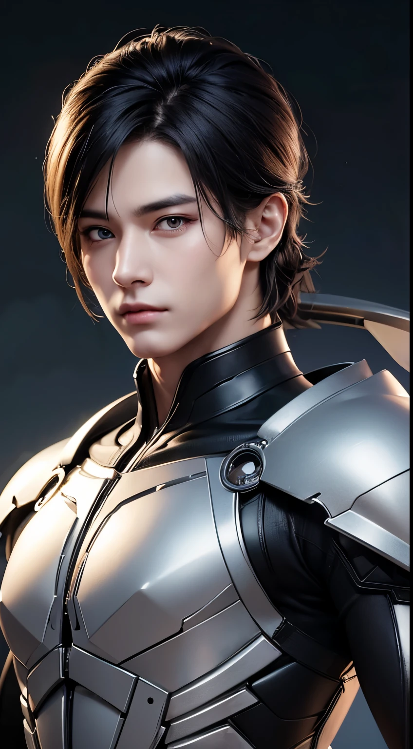 Japanese male handsome model Black Hair Shaved head looking at the camera Shiny full-body silver suit Shiny silver latex suit Fierce face Handsome future Metal Body grim stare gaze Sad expression Moist eyes Black Hair Adult man Metal Body Face close-up Upper Body