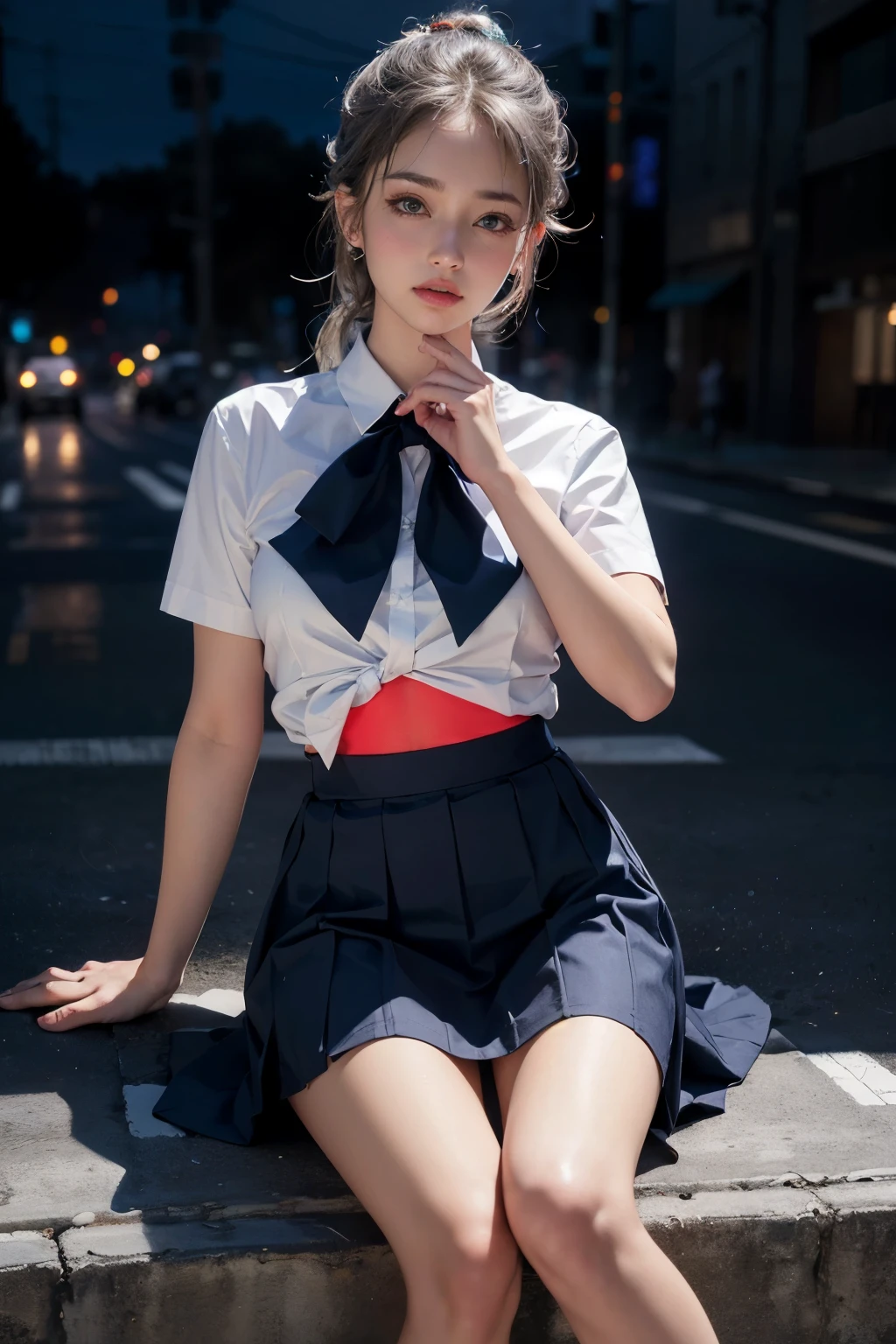 (8k, raw photos, Highest quality, Masterpiece: 1.3), (realistic, photorealistic: 1.37), (nighttime), (audience: 1.331), (gray hair), condescending, tokyo road, nighttime view, cyberpunk city, soft light, 1 girl, Very beautiful face, chest, Lay down your hands, Random hairstyle, Random expressions, Big eyes, lower abdomen, (short sleeves JK_shirt), JK_ style, (dark blue JK_skirt), (ribbon JK_tied), Mix 4, Detailed eyes, full body, 18 years old
