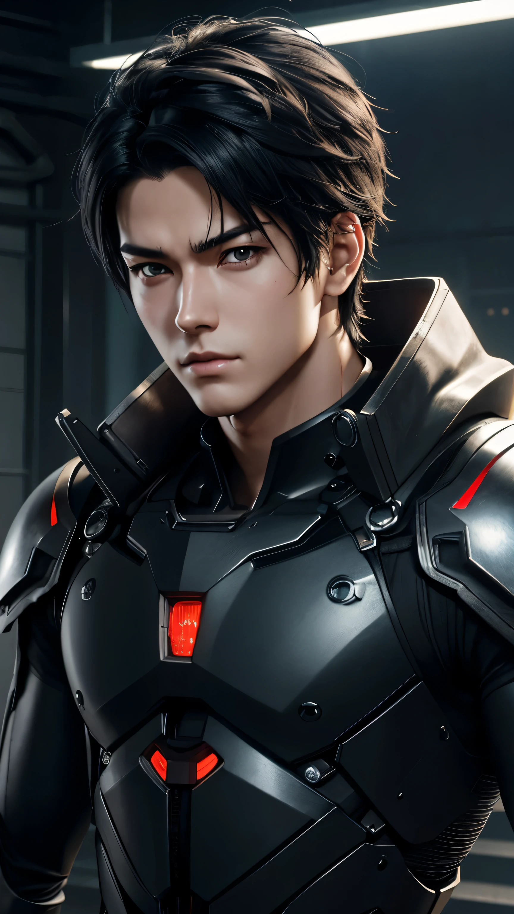 8K、Mechanical Lloyd with short black hair、Anime boy wearing a skeleton headband and posing for a photo、boy with exposed skeleton、Detailed Digital Anime Art、Mechanical Lloyd under maintenance、Connect to many tubes、Glowing LEDs(effect)U3D rendering character art 8K、Photorealistic anime boy rendering、8K high-quality detail art、2。5 d cgi anime fantasy artwork、handsome boy mechanical roid、Guweiz style artwork,超A high resolution,Ultra-realistic texture,
