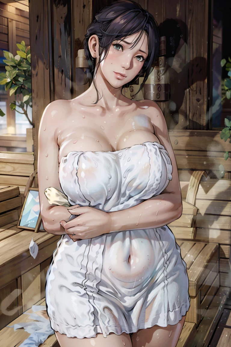 1girl, solo, standing, nagisa, (wearing towel, inside_sauna:1.3), (sweat), oiled, gleaming skin, shiny skin,  juice BREAK (realistic:1.4), portrait, (masterpiece), (specular lighting:1.3), (hyperrealistic:1.2), (photorealistic face:1.2), (perfect face), (perfect eyes), (best quality), (8k), (4k), sharp focus, octane render, best quality, extremely detailed, intricate, fantasy, soft lighting, (gigantic hanging breasts), (skindentation:1.3), (chubby:1.2), (voluptuous:1.2), thick eyelashes, long eyelashes, smile, blush, oil