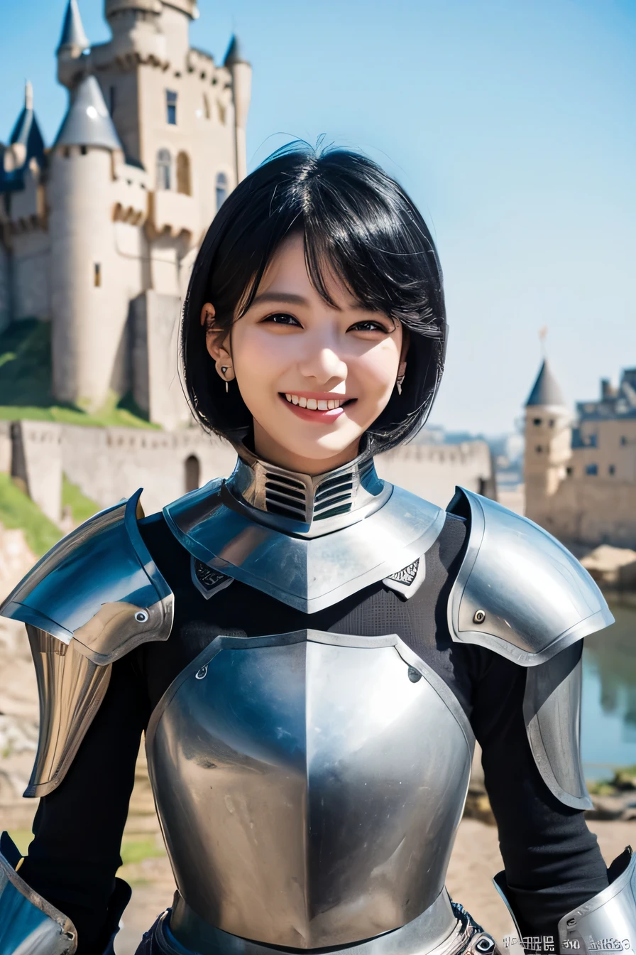 8K、highest quality、female knight、The background is a castle、Luxurious Silver Armor、heavy equipment、black hair、hairstyle short cut、smile、beautiful teeth、full body photo、ear piercing、Dragon Helm