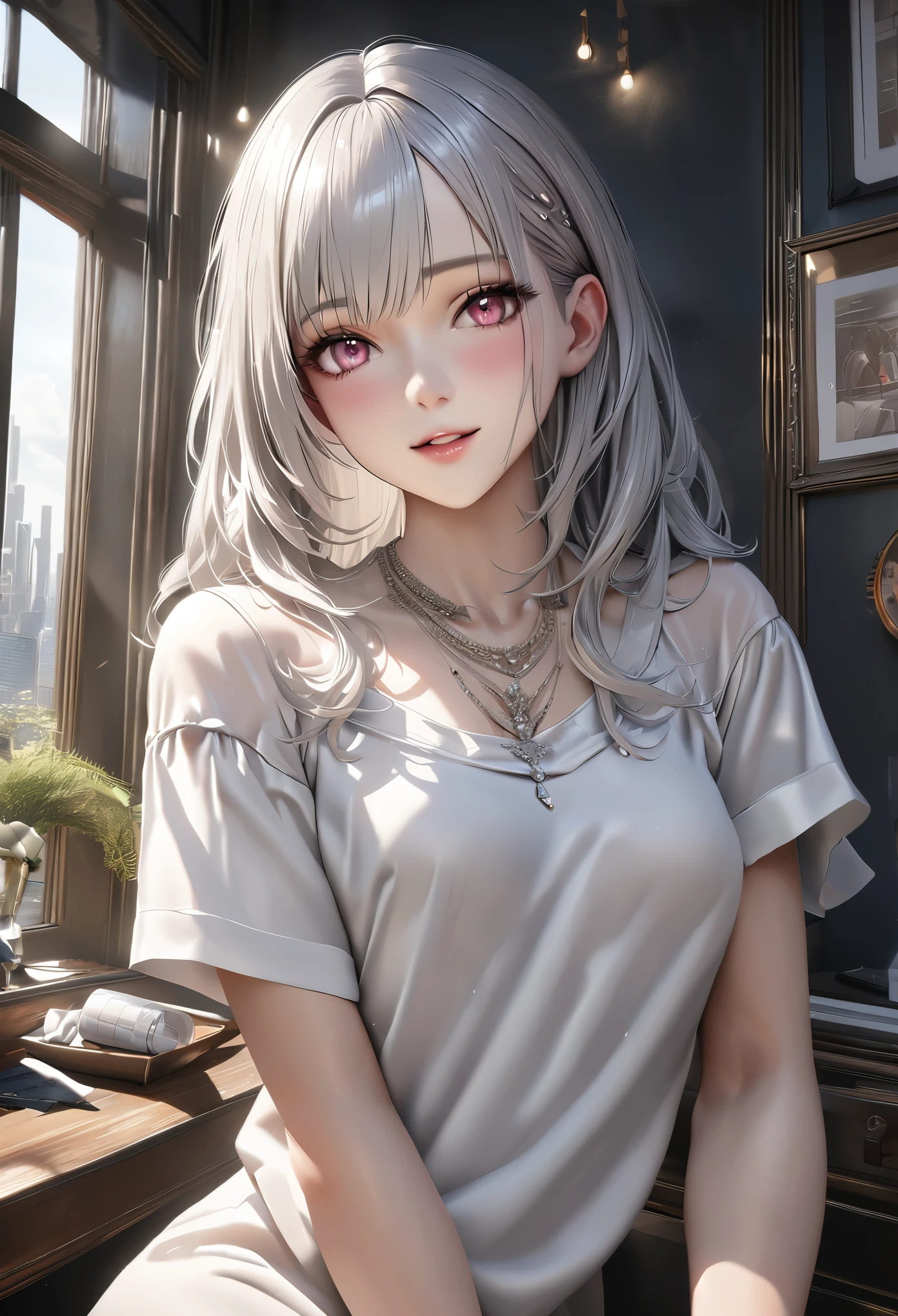 highest quality, expensiveest quality, Super detailed, expensive definition, expensive resolution, HDR, 4k, 8K, unity 8K wallpaper, expensively detailed CG, masterpiece, realistic, photorealistic, 2D, 3D, beautiful details, depth, fine texture , super fine: 1.3, Fully focused, crispy skin, .he, very cute anime girl with long silver hair in expensive , smile, one girl, alone, long silver hair, expensive , looking at the viewer, blush, parted lips, Heart, pink eyes