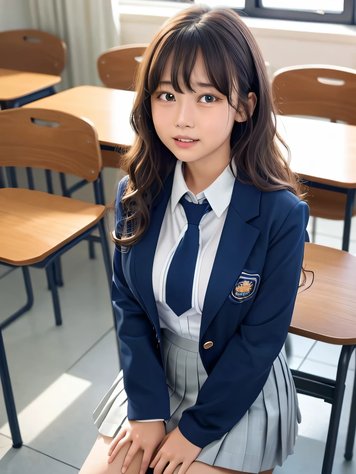 8k, highest quality, real image, intricate details, Super detailed, ultra high resolution, depth field,(realistic), (realistic:1.2), (full body:1.3), (crying face:1.3), (tears:1.2), (lamentation:1.3), sitting on a chair, 1 Japanese girl, (small eyes:1.2), very beautiful 17 year old girl, (beautiful breasts:1.5, highly detailed eyes:1.2), (beautiful breasts:1.1), (small breasts:1.2), (wavy hair)、(curly hair)、bangs, perfect skin, Fair skin,( huge hips:1.1), (thick thighs:1.1), (thick legs:1.1), tight waist, alone, (knees together), (hands between her legs), looking at the viewer, (School_uniform),(dark blue blazer), (white shirt、wear a tie), (gray pleated skirt), (sculpture installation :1.1), break classroom