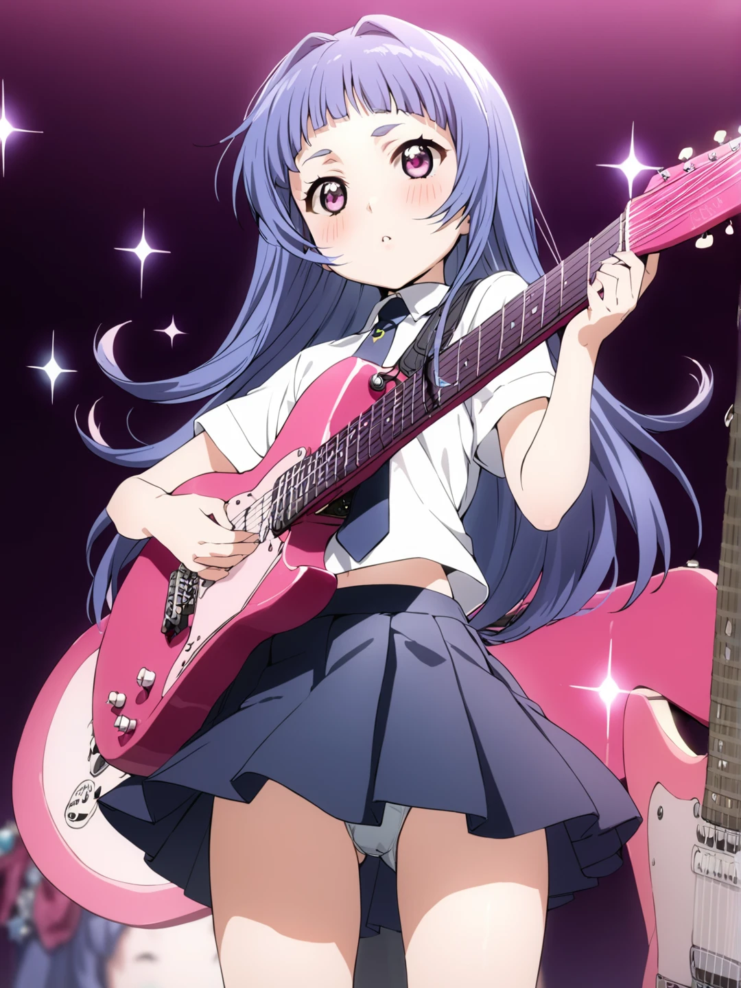 masterpiece, best quality, 1girl, solo, irene, furude rika, blue hair, purple eyes, instrument, skirt, guitar, necktie, long hair, shirt, blush, holding, pleated skirt, electric guitar, cropped legs, holding instrument, simple background, short sleeves, white shirt, sparkle, a photo of irene, ohwx woman, on stage singing, best quality, beautiful face 