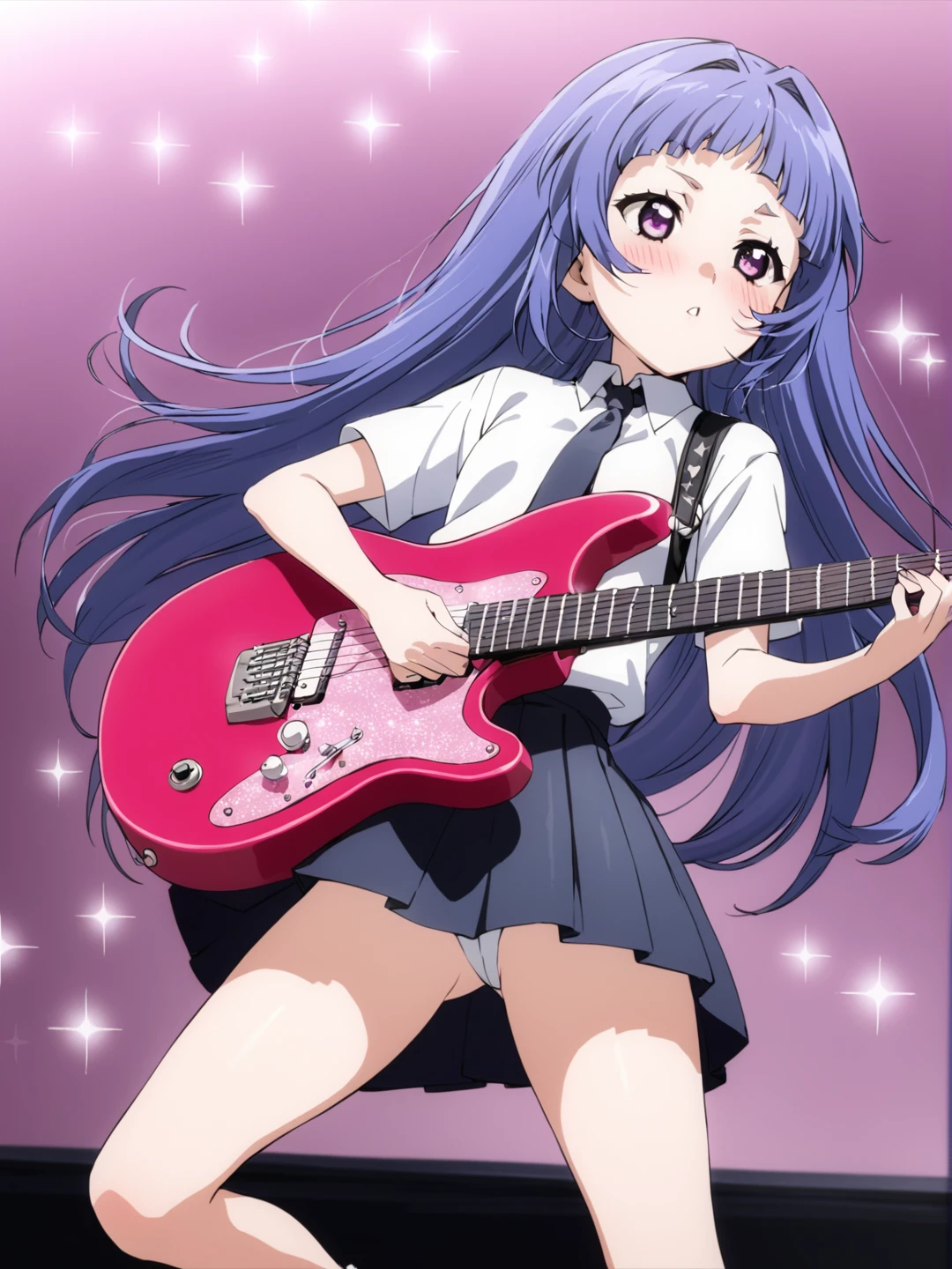 masterpiece, best quality, 1girl, solo, irene, furude rika, blue hair, purple eyes, instrument, skirt, guitar, necktie, long hair, shirt, blush, holding, pleated skirt, electric guitar, cropped legs, holding instrument, simple background, short sleeves, white shirt, sparkle, a photo of irene, ohwx woman, on stage singing, best quality, beautiful face 