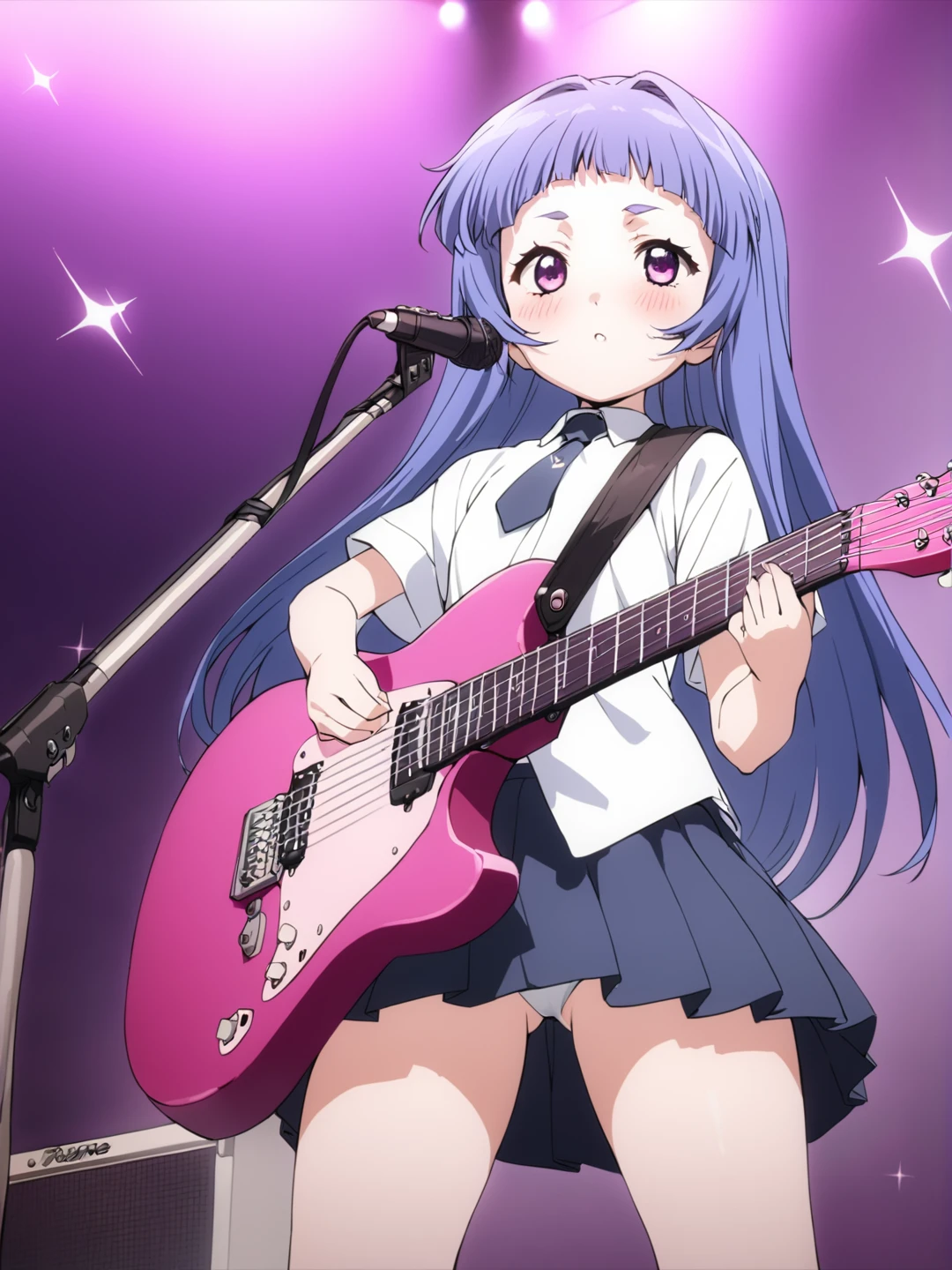 masterpiece, best quality, 1girl, solo, irene, furude rika, blue hair, purple eyes, instrument, skirt, guitar, necktie, long hair, shirt, blush, holding, pleated skirt, electric guitar, cropped legs, holding instrument, simple background, short sleeves, white shirt, sparkle, a photo of irene, ohwx woman, on stage singing, best quality, beautiful face 