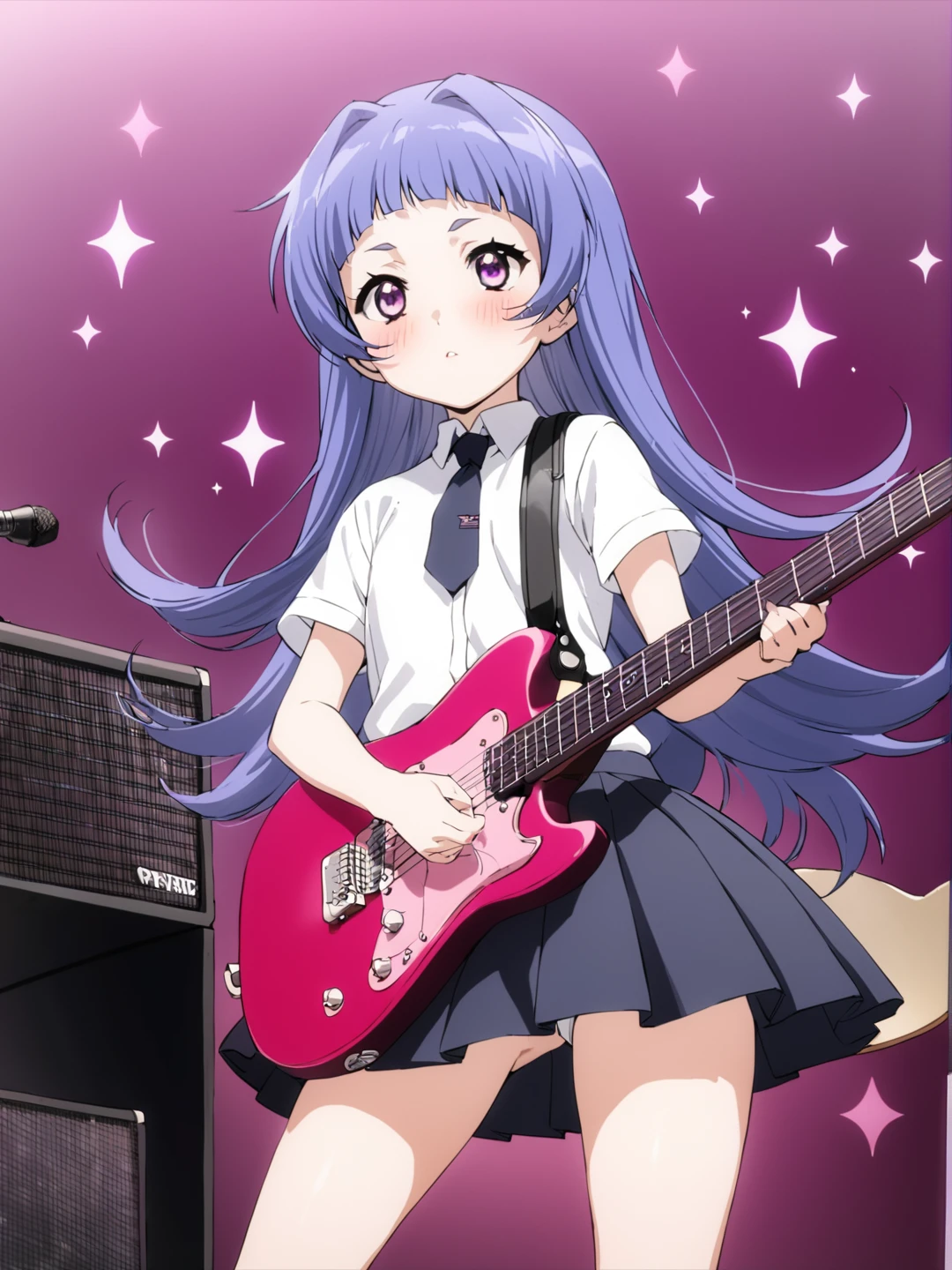 masterpiece, best quality, 1girl, solo, irene, furude rika, blue hair, purple eyes, instrument, skirt, guitar, necktie, long hair, shirt, blush, holding, pleated skirt, electric guitar, cropped legs, holding instrument, simple background, short sleeves, white shirt, sparkle, a photo of irene, ohwx woman, on stage singing, best quality, beautiful face 