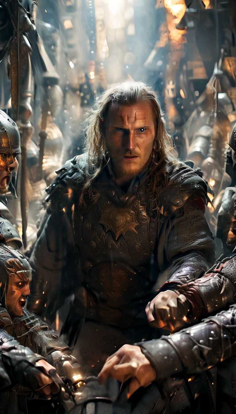 Illustrate Ragnar's sons standing together, clad in armor and wielding weapons, ready for battle, crowd cheering for them , detailed face, detailed face expressions, natural face expressions, face in detail, asymmetrical faced,(tall and slender body), fair and smooth skin, detailed hands, detailed fingers, masterpiece, cinematic lighting, physically based rendering, lens flare, award winning rendering, perfect rendering detail, 8K, realism, detailed background, everything in detail, cinematic shot, dynamic lighting, 75mm, Technicolor, Panavision, cinemascope, fine details, 8k, HDR, realism, realistic, key visual, film still, superb cinematic color grading, depth of field, ,midjourney