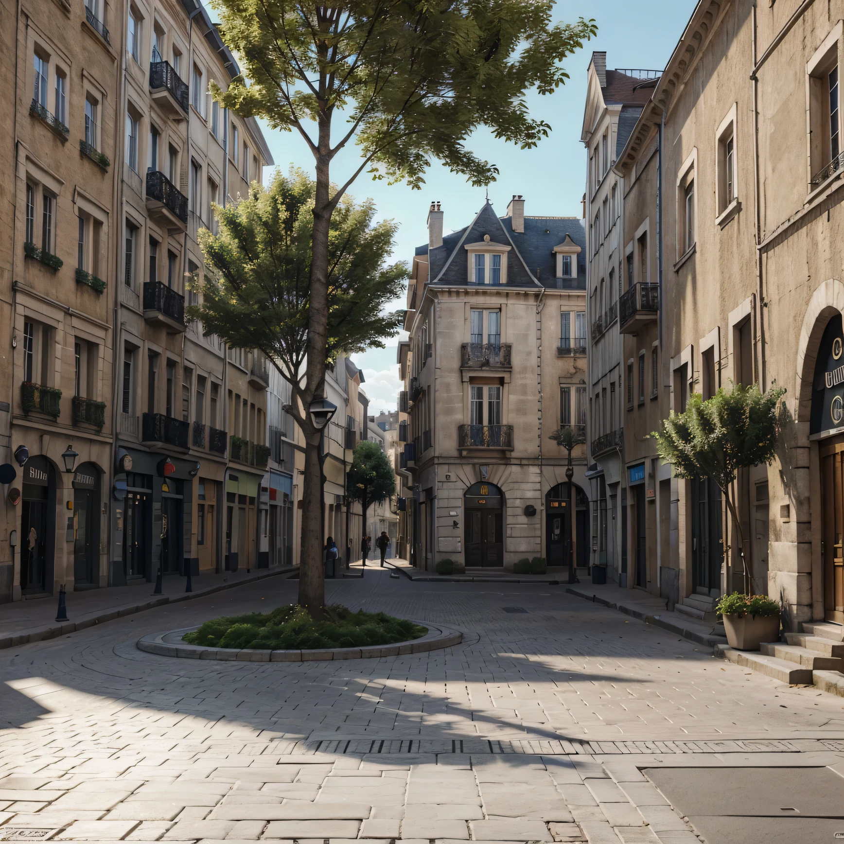 rendu 3 d'une place/ placette de centre ville, super realistic, excellent quality, natural lighting. Il ya. des arbres, des gens qui marchent au loin, buildings around the square
