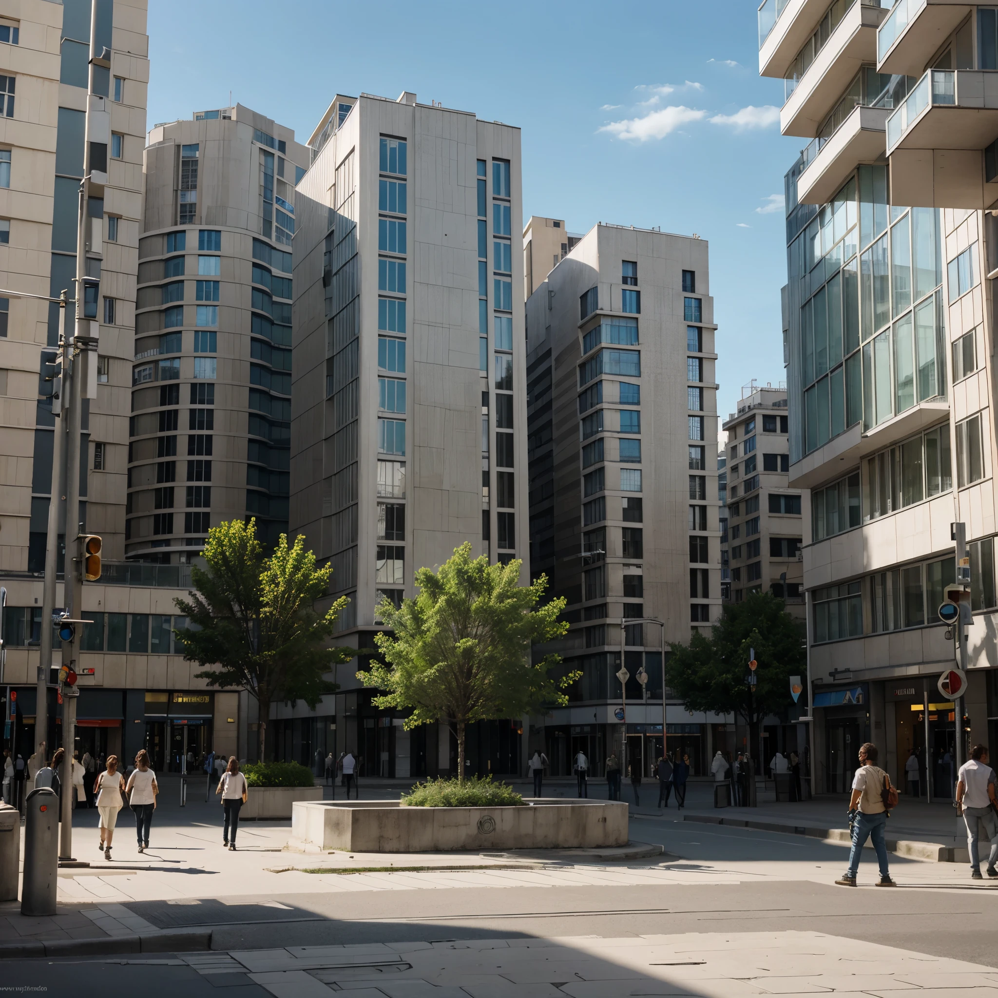 un rendu 3D d'une place dans un centre ville moderne super réaliste et grande qualité, natural lighting, il ya des arbres, des gens qui marchent, buildings around the square