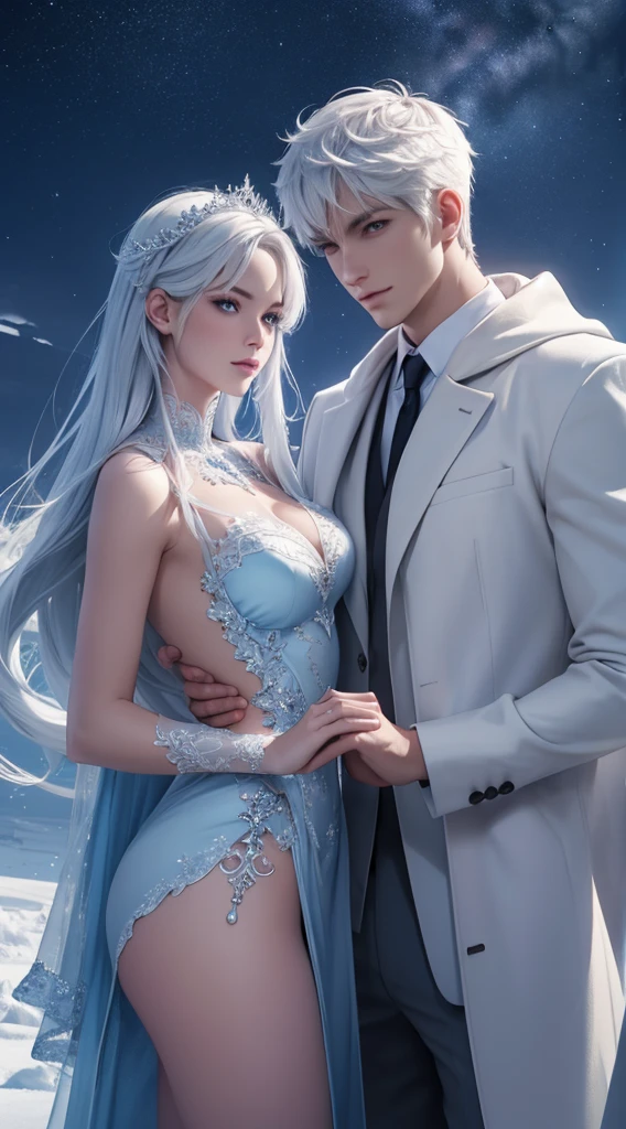 Half body shot photorealistic of a beautiful couple,  very handsome hunky celestial white Jack Frost and very beautiful and sexyness celestial white ice Princess , standing firmly face frontal camera focus asymmetrical face details,charachter, beautiful, devian art, trending artstation, digital art, detailed, realistic, humanoide, character,cinematic sho ,cinematic lights, high textures, high resolution, dreamlikeart, 8k, highly detailed, stabilized diffusion 