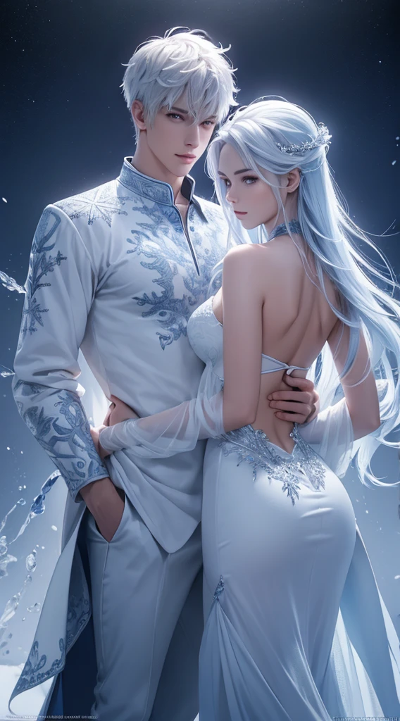 Half body shot photorealistic of a beautiful couple, very handsome hunky celestial white Jack Frost and very beautiful and sexyness celestial white ice Princess , standing firmly face frontal camera focus asymmetrical face details,charachter, beautiful, devian art, trending artstation, digital art, detailed, realistic, humanoide, character,cinematic sho ,cinematic lights, high textures, high resolution, dreamlikeart, 8k, highly detailed, stabilized diffusion