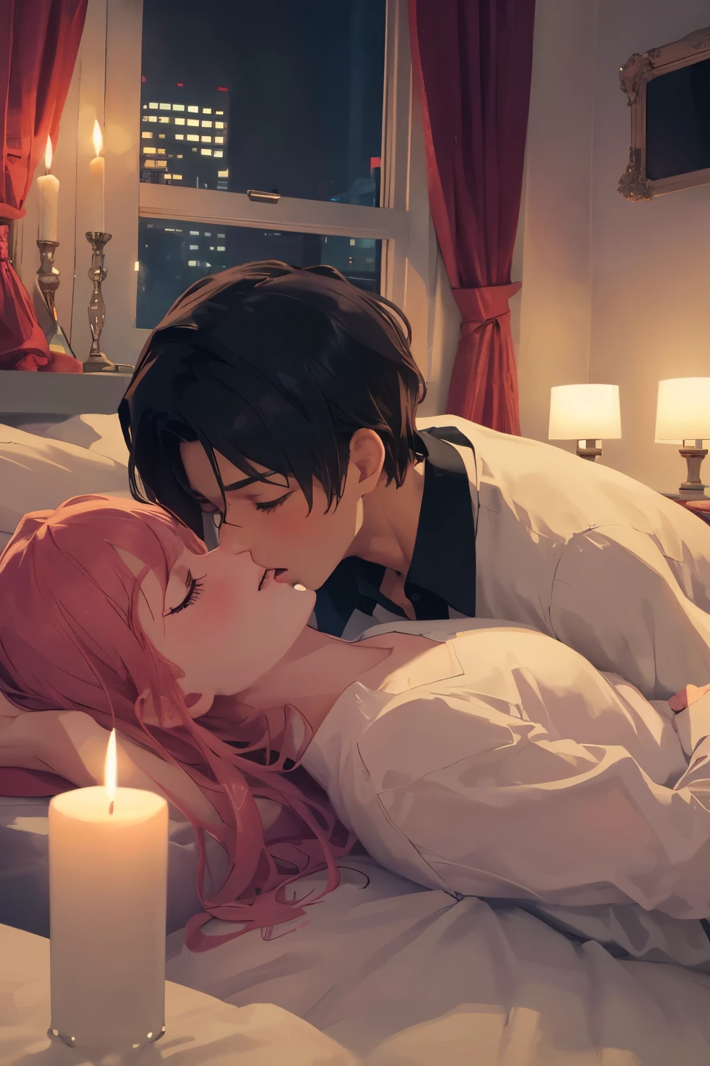 Boy and woman, beautiful woman, kissing each other with passion, in a bedroom, bright room, candles lit, night time,