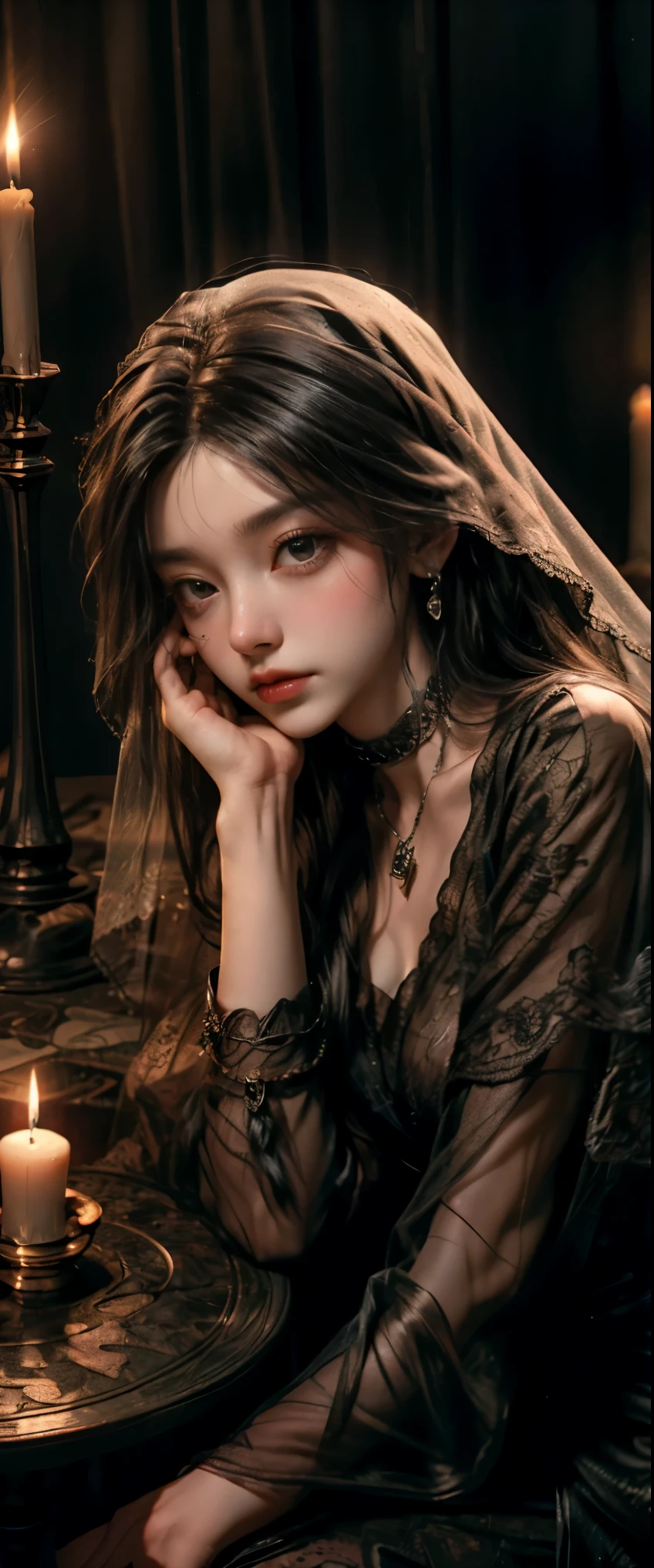 ((masterpiece, highest quality, Highest image quality, High resolution, photorealistic, Raw photo, 8K)), Tarot Cards, Tolkien, Middle Earth, ((Tarot cards laid out on the table:1.5)), (Fortune teller whose face is hidden by a veil:1.5), 8k, highly detailed, hyperrealistic, cinematic lighting, ambient lighting, Bridgette, as fortune teller, long, messy blond hair, earrings, choker, necklace, jewelry, rings, dark lipstick, dark makeup, circlet, sitting behind! a table, one! fortune teller orb on the table, one! skull on the table, candles, in a small dark medieval room,