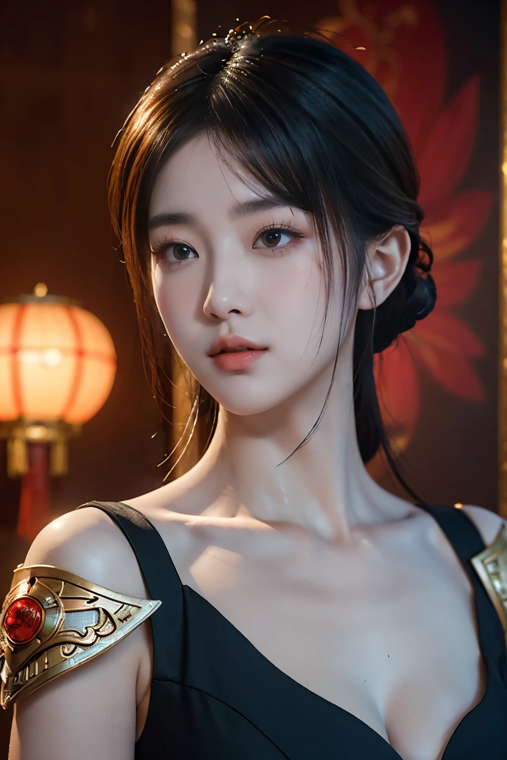 Masterpiece,Game art,The best picture quality,Highest resolution,8K,(Portrait),Unreal Engine 5 rendering works,(Digital Photography),
Girl,Beautiful pupil,(Gradual short hair is blue and red),Busty,(Big breasts),(Portrait photography:1.5),
(A chivalrous woman in Tang Dynasty),Casual hairstyle,Delicate faces,(Full breasts,Big breasts),Serious,Cool and elegant,(Wearing combat armor combined with the characteristics of ancient Chinese clothing,A complex pattern,Mysterious light,Hollow Armor),(Red and black),Ancient fantasy style characters
Movie lights，Ray tracing，Game CG，((3D Unreal Engine))，oc render reflection texture