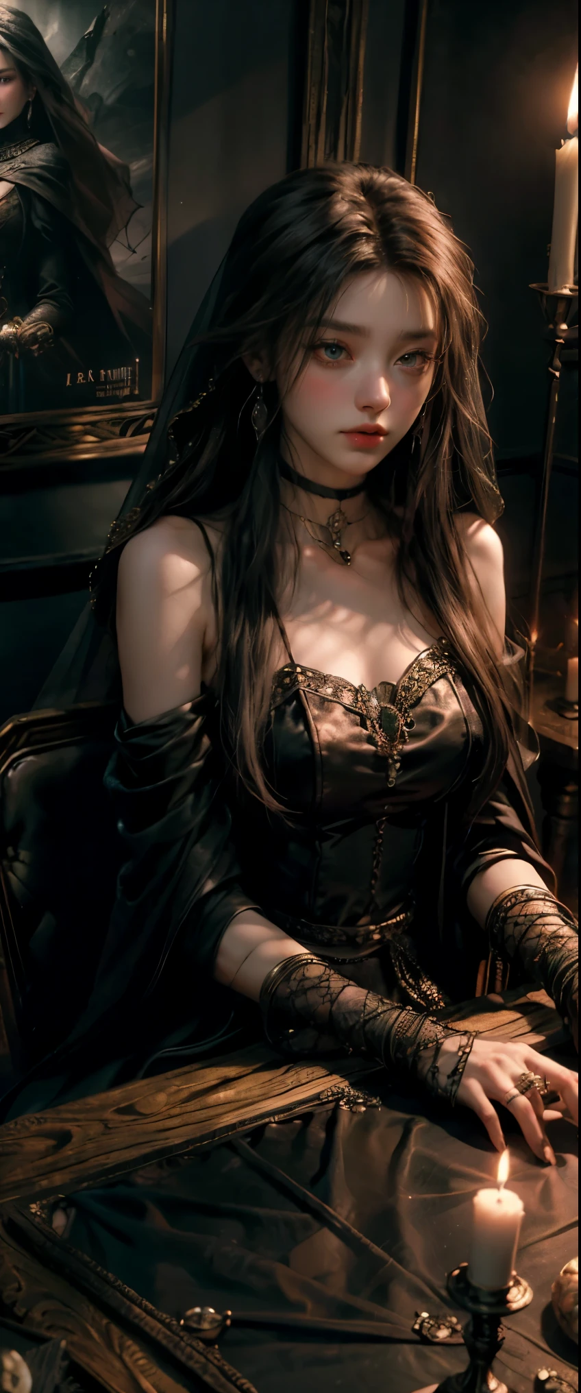 ((masterpiece, highest quality, Highest image quality, High resolution, photorealistic, Raw photo, 8K)), Tarot Cards, Tolkien, Middle Earth, (Tarot cards laid out on the table:1.2), (Fortune teller whose face is hidden by a veil:1.2), 8k, highly detailed, hyperrealistic, cinematic lighting, ambient lighting, Bridgette, as fortune teller, long, messy blond hair, earrings, choker, necklace, jewelry, rings, dark lipstick, dark makeup, circlet, sitting behind! a table, one! fortune teller orb on the table, one! skull on the table, candles, in a small dark medieval room, looking at viewert,