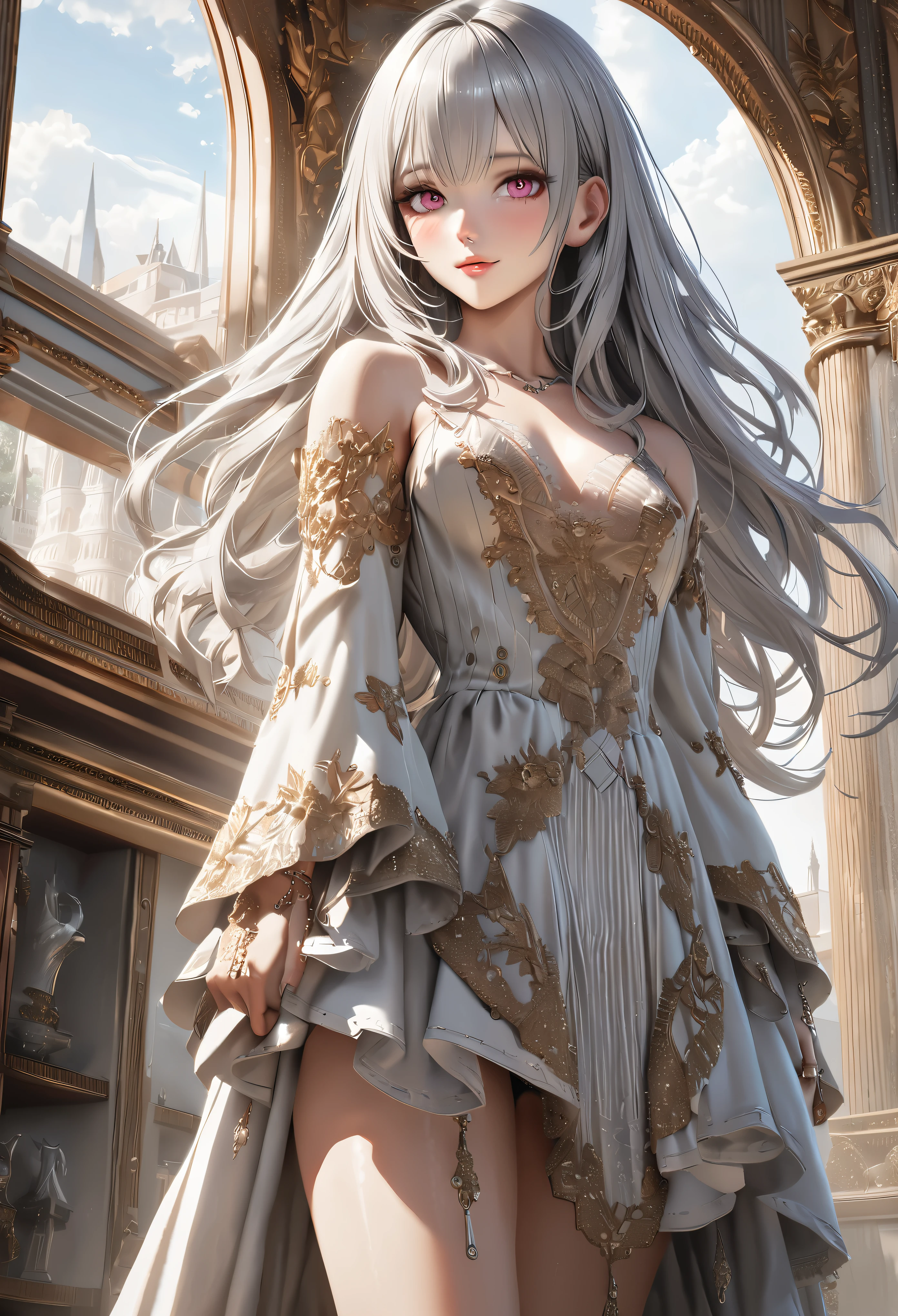 highest quality, expensiveest quality, Super detailed, expensive definition, expensive resolution, HDR, 4k, 8K, unity 8K wallpaper, expensively detailed CG, masterpiece, realistic, photorealistic, 2D, 3D, beautiful details, depth, fine texture , super fine: 1.3, Fully focused, crispy skin, .he, very cute anime girl with long silver hair in expensive , smile, one girl, alone, long silver hair, expensive , looking at the viewer, blush, parted lips, Heart, pink eyes