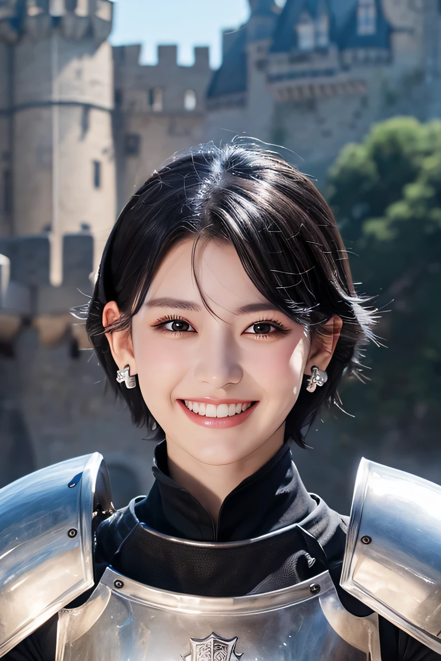 ８Ｋ、highest quality、female knight、The background is a castle、Luxurious Silver Armor、heavy equipment、black hair、hairstyle short cut、smile、beautiful teeth、full body photo、ear piercing、Dragon Helm

