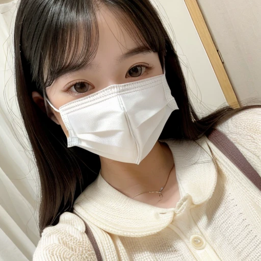 selfie from above、more natural selfies、Selfie taken with iPhone、((Selfie style in my room)),((student))、((so young))、((very cute))、((so adorable))、((Please wear a white non-woven mask)),highest quality, masterpiece, ultra high resolution, (realistic:1.4), Raw photo, very detailed, perfect anatomy, 1 girl, 18-year-old, famous japanese idol, Front view, close-up of crotch,, ((emphasize the chest))