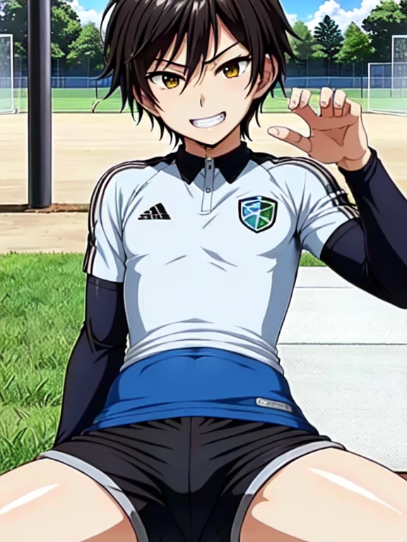 (((official art,Super thin illustration,High resolution, muste piece, best quality,best quality,)))high quality, detailed, (little boy),12 years old,(((solo)))、 A young ace striker male idol with a super cute face,A boy as beautiful as Planding, Cool handsome face with a smile, soccer spike, long legs, thighs, Foots, No bulge, (black hair、short hair)、shiny hair, (Tight shiny random color soccer uniform suit), (tight and shiny soccer shorts), (soccer socks), grassy area, cool pose, (厚いthighs、Seducing a big ass into your crotch)、(((soccer field in the park)))、((Saucy、))、grinning grin、spread legs,ultra fine painting, (best quality, In 4K, 8K, High resolution, muste piece:1.2),service shot、((detailedな目:1.2))、showing off his big butt、proud butt、
