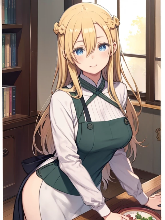 masterpiece, highest quality, Medium wide shot、cowboy shot、1 mature woman、、alone、anime、(mint, blue eyes, braid, blonde hair, long hair、hair between eyes)、((apron))、Green ribbed turtleneck sweater, fantasy, Clearly defined eyes、Angle from the front、leaning over、looking at the viewer、smiling、fantasy、medieval europe、private house、have a dish、table、