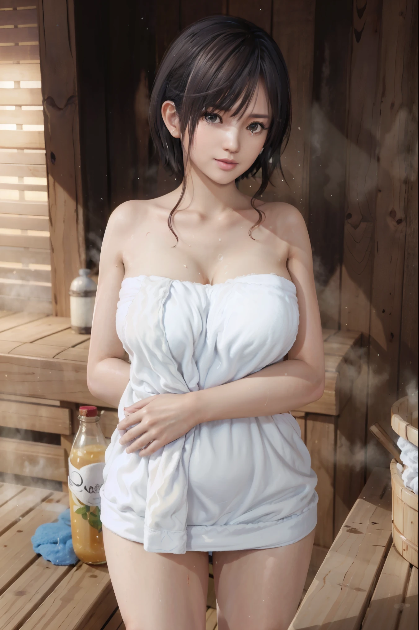 1girl, solo, standing, nagisa, (wearing towel, inside_sauna:1.3), (sweat), oiled, gleaming skin, shiny skin,  juice BREAK (masterpiece), (specular lighting:1.3), (hyperrealistic:1.2), (photorealistic face:1.2), (perfect face), (perfect eyes), (best quality), (8k), (4k), sharp focus, octane render, best quality, extremely detailed, intricate, fantasy, soft lighting, (gigantic hanging breasts), (skindentation:1.3), (chubby:1.2), (voluptuous:1.2), thick eyelashes, long eyelashes, smile, blush, oil