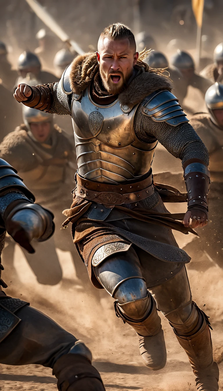 Illustrate Ragnar's sons standing together, clad in armor and wielding weapons, ready for battle, crowd cheering for them , detailed face, detailed face expressions, natural face expressions, face in detail, asymmetrical faced,(tall and slender body), fair and smooth skin, detailed hands, detailed fingers, masterpiece, cinematic lighting, physically based rendering, lens flare, award winning rendering, perfect rendering detail, 8K, realism, detailed background, everything in detail, cinematic shot, dynamic lighting, 75mm, Technicolor, Panavision, cinemascope, fine details, 8k, HDR, realism, realistic, key visual, film still, superb cinematic color grading, depth of field, ,midjourney