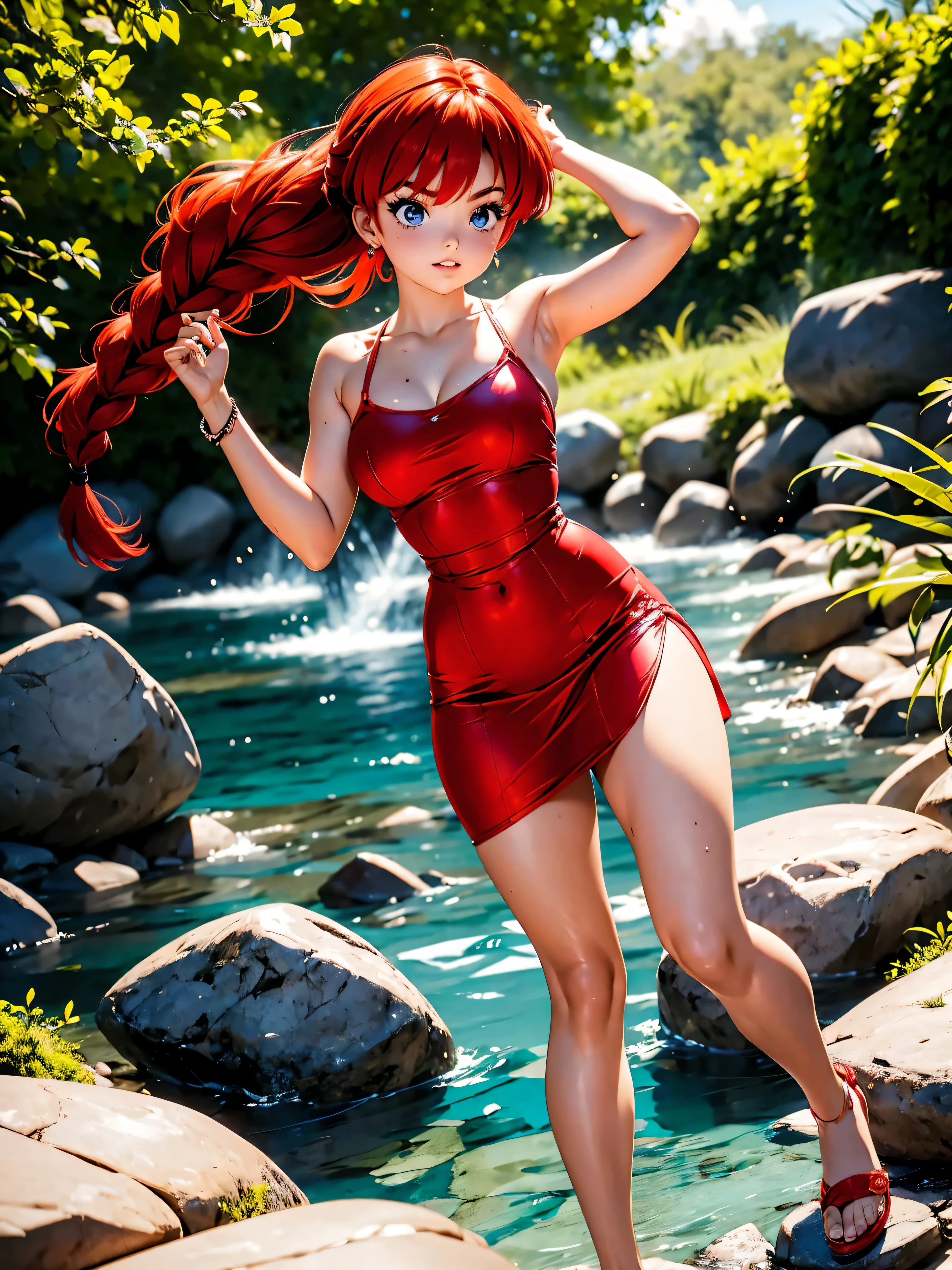 Garota anime ruiva com ears fox, with red dress and sunglasses, sunglasses, 15 anos, corpo bonito, seios grandes, with hands behind head, running your hands through your hair, Garota sexy, red hair with braid, mechas de cabelo laterais, mechas de cabelo na lateral do rosto, beautiful lighting, sombras suaves, olhos azuis, pernas bonitas, short hair with braid, estilo anime, Ranma Chan, Autora Rumiko Takahashi, Baseado em obra de Rumiko Takahashi, Anime Ranma 1/ 2, decote sexy, quadril robusto, corpo inteiro, corpo inteiro, busto grande, garota jovem com orelhas de raposa, corpo belo e bonito, sandals on his feet, garota 15 anos jovem baixa estatura, wearing red dress and sunglasses, sunglasses, garota anime, estilo anime, beautiful feet in sandals, front view angle, ao ar livre, red hair braid, ears fox, postura ereta, corpo em postura reta, olhos grandes, quimono red