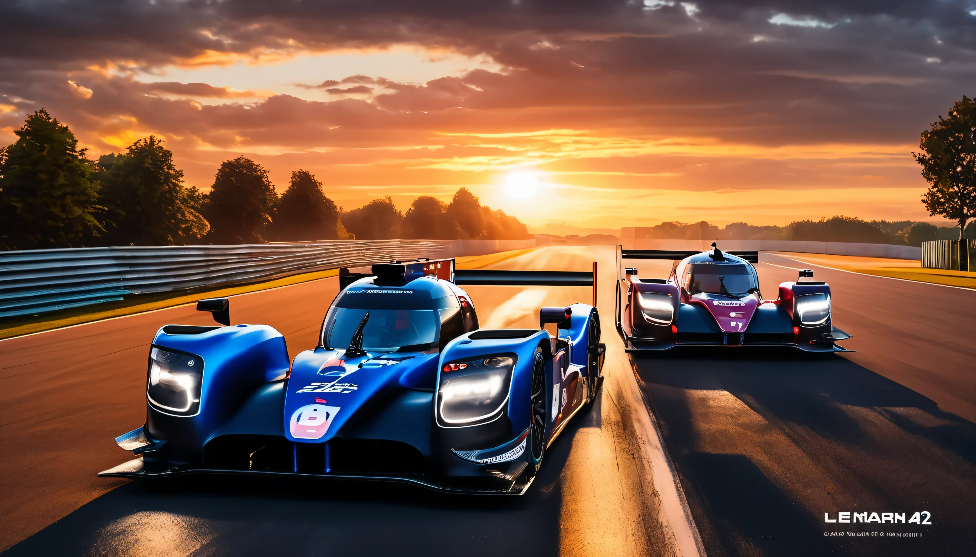 a scene that evokes the grandeur of the Le Mans race on year of 2023, the racers in their LMP2's and LMP3's as they speed around the race track at Circuit de la Sarthe race track as the earth trembles with the roar of their V8 engines, the LMP2 hypercars with the mechanical precision and design perfection characteristic of James key's work at the Circuit de la Sarthe's winding track, Dunlop Bridge, racing cars, vibrant colors, and sunsets, embodying speed and elegance, are rendered with the same level of detail and realism, best quality, award winning, super detail, photo realistic, UHD, 16k, masterpiece, best quality, vivid color, panorama