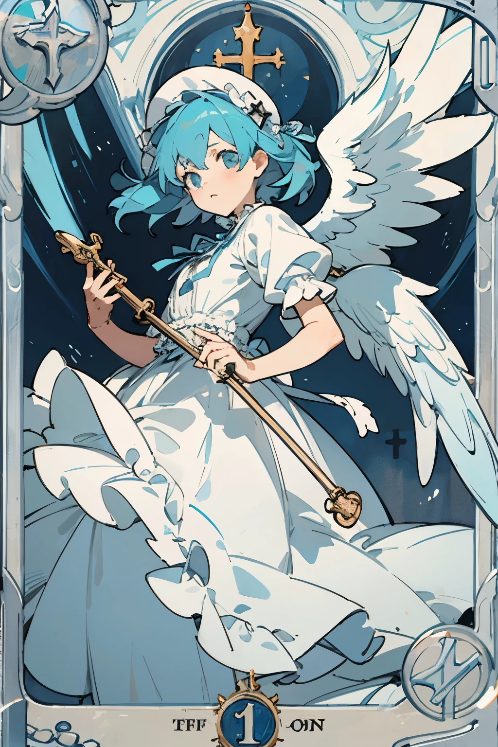 Tiffany Blue Hair,cross,white lolita clothes,frills,ribbon,Angel,church,tarot