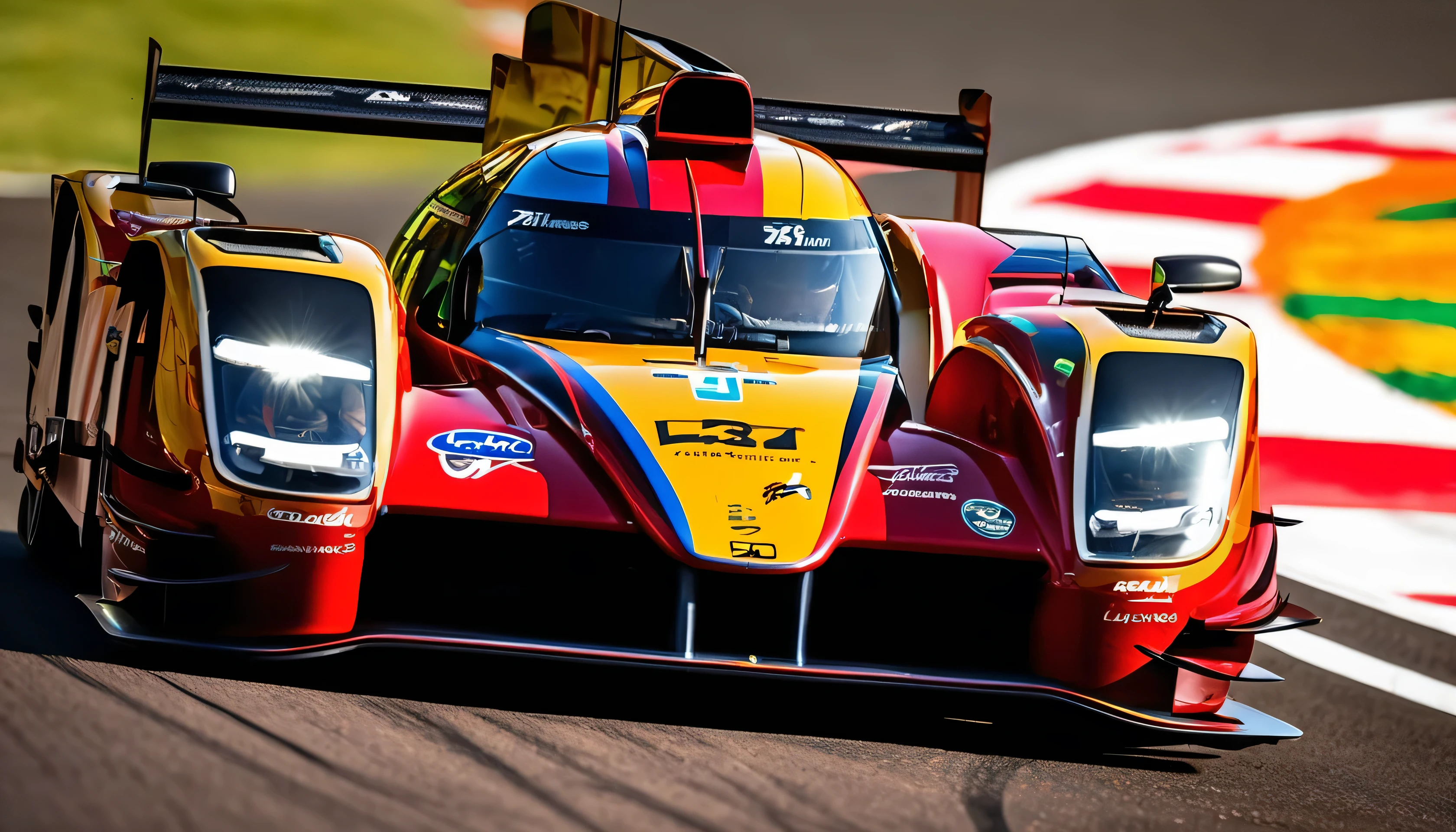 a scene that evokes the grandeur of the Le Mans race on year of 2023, the racers in their LMP2's and LMP3's as they speed around the race track at Circuit de la Sarthe race track as the earth trembles with the roar of their V8 engines, the LMP2 hypercars with the mechanical precision and design perfection characteristic of James key's work at the Circuit de la Sarthe's winding track, Dunlop Bridge, racing cars, vibrant colors, and sunsets, embodying speed and elegance, are rendered with the same level of detail and realism, best quality, award winning, super detail, photo realistic, UHD, 16k, masterpiece, best quality, vivid color, panorama