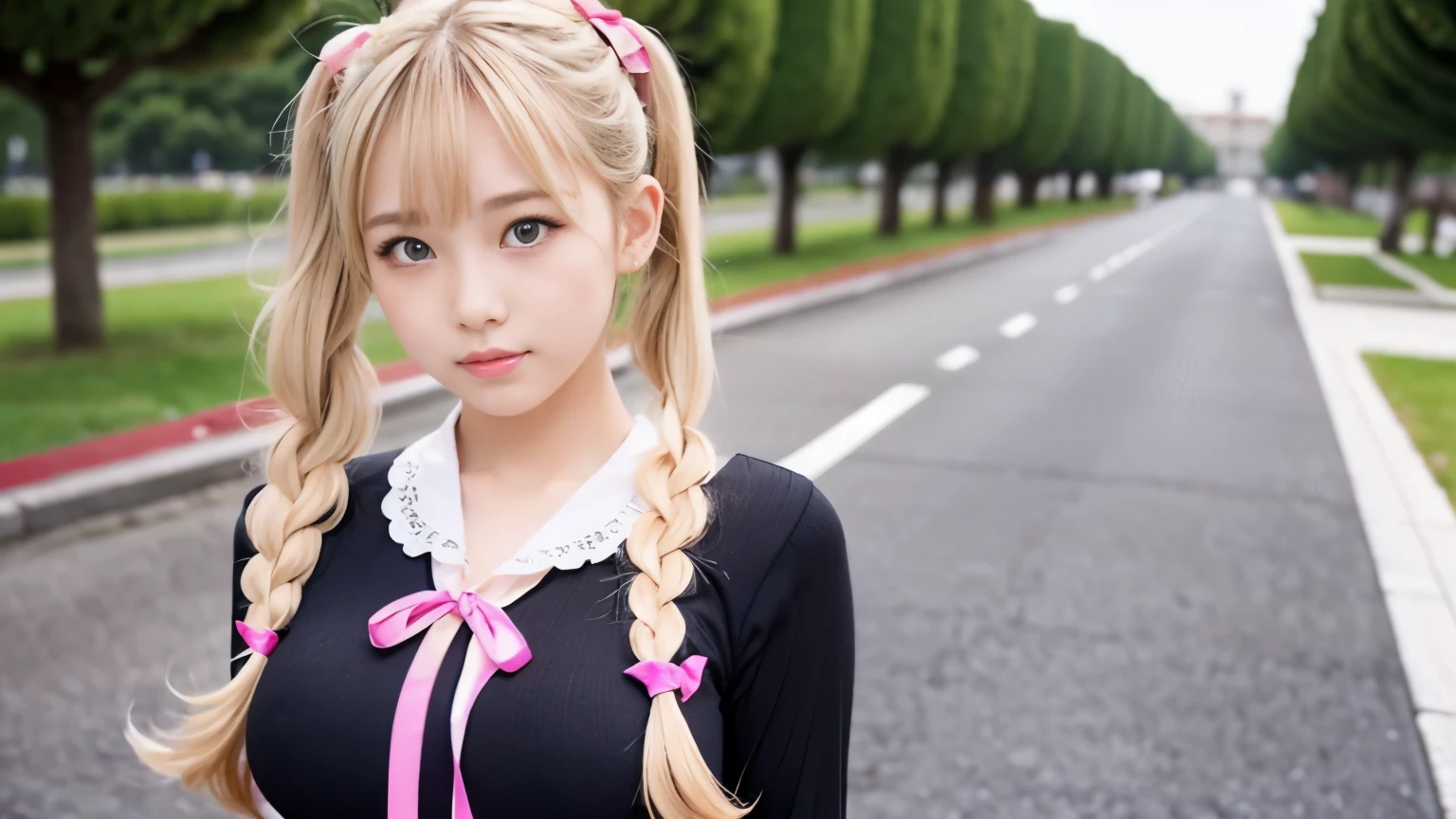 sexy big breasts、15 year old beautiful girl sexy cute looks and cute, beautiful and sexy face、The strong wind blows the hair in front of my face、Beautiful long blonde pigtails with beautiful cute and sexy eyes hidden in her long bangs、Pretty pink ribbon、