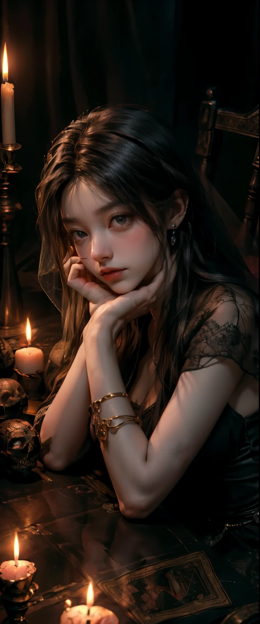 ((masterpiece, highest quality, Highest image quality, High resolution, photorealistic, Raw photo, 8K)), Tarot Cards, Tolkien, Middle Earth, ((Tarot cards laid out on the table:1.5)), (Fortune teller whose face is hidden by a veil:1.5), 8k, highly detailed, hyperrealistic, cinematic lighting, ambient lighting, Bridgette, as fortune teller, earrings, choker, necklace, jewelry, rings, dark lipstick, dark makeup, circlet, sitting behind! a table, one! fortune teller orb on the table, one! skull on the table, candles, in a small dark medieval room,