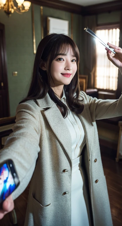 (highest quality,masterpiece:1.3,In 8K),(Photoreal:1.4,RAW shooting,caustics),(room),(selfie:1.2),middle hair,smile,long coat,bust up shot