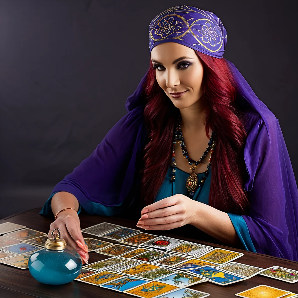 A fortune teller give viewer a tarot card.
