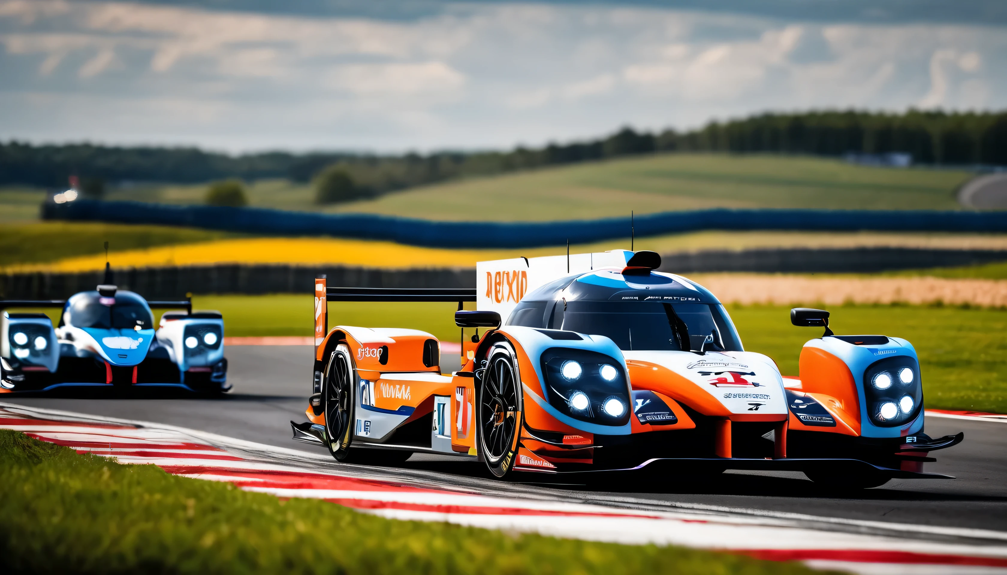 a scene that evokes the grandeur of the Le Mans race on year of 2023, the racers in their LMP2's and LMP3's as they speed around the race track at Circuit de la Sarthe race track as the earth trembles with the roar of their V8 engines, the LMP2 hypercars with the mechanical precision and design perfection characteristic of James key's work at the Circuit de la Sarthe's winding track, Dunlop Bridge, racing cars, vibrant colors, and sunsets, embodying speed and elegance, are rendered with the same level of detail and realism, best quality, award winning, super detail, photo realistic, UHD, 16k, masterpiece, best quality, vivid color, panorama