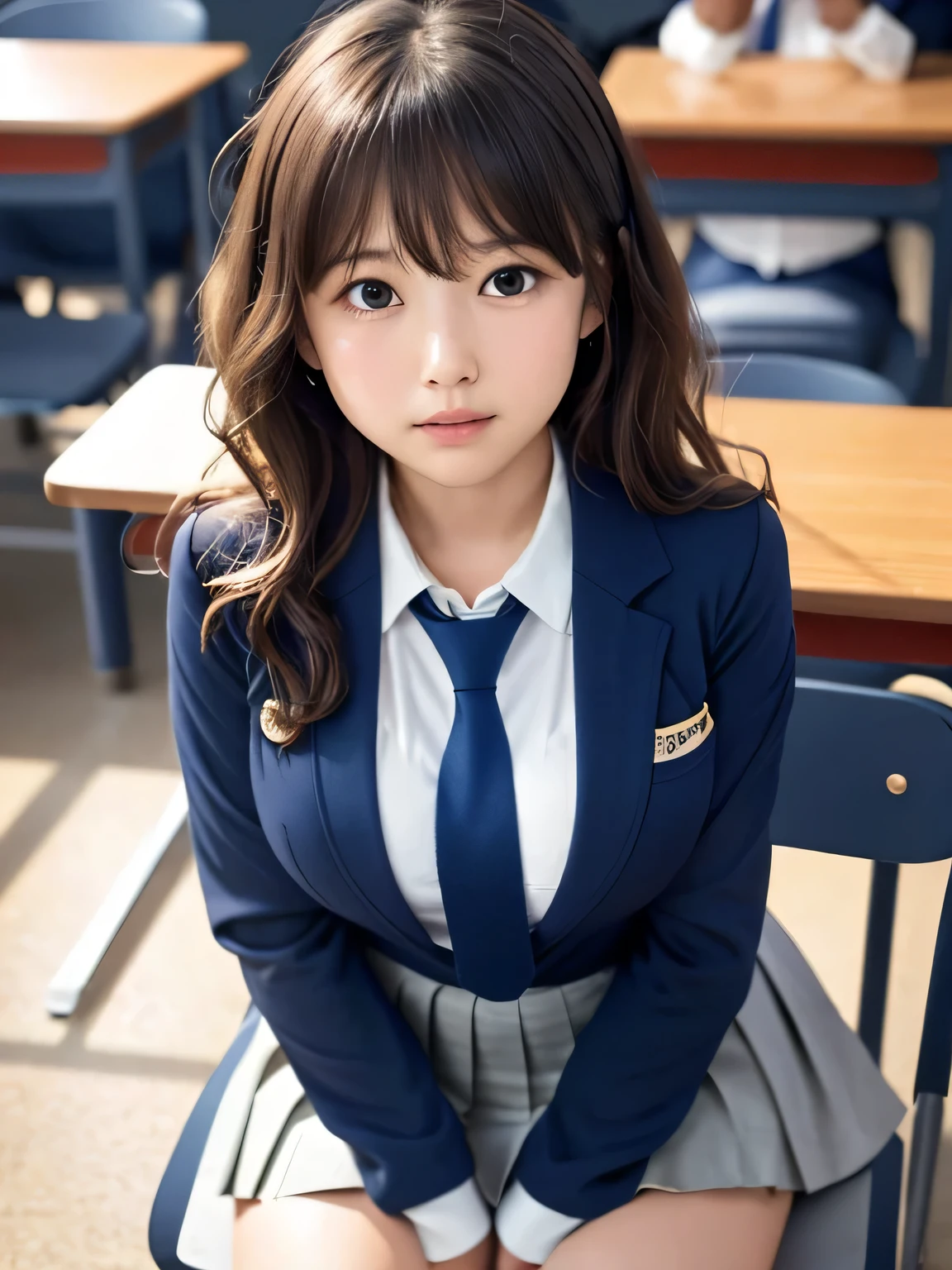 8k, highest quality, real image, intricate details, Super detailed, ultra high resolution, depth field,(realistic), (realistic:1.2), (full body:1.3), (crying face:1.1), (tears:1.1), (lamentation:1.1), sitting on a chair, 1 Japanese girl, (small eyes:1.3), very beautiful 17 year old girl, (beautiful breasts:1.5, highly detailed eyes:1.2), (beautiful breasts:1.1), (small breasts:1.2), (wavy hair)、(curly hair)、bangs, perfect skin, Fair skin,( huge hips:1.1), (thick thighs:1.1), (thick legs:1.1), tight waist, small face, alone, (knees together), (hands between her legs), looking at the viewer, (School_uniform),(dark blue blazer), (white shirt、wear a tie), (gray pleated skirt), (sculpture installation :1.1), break classroom