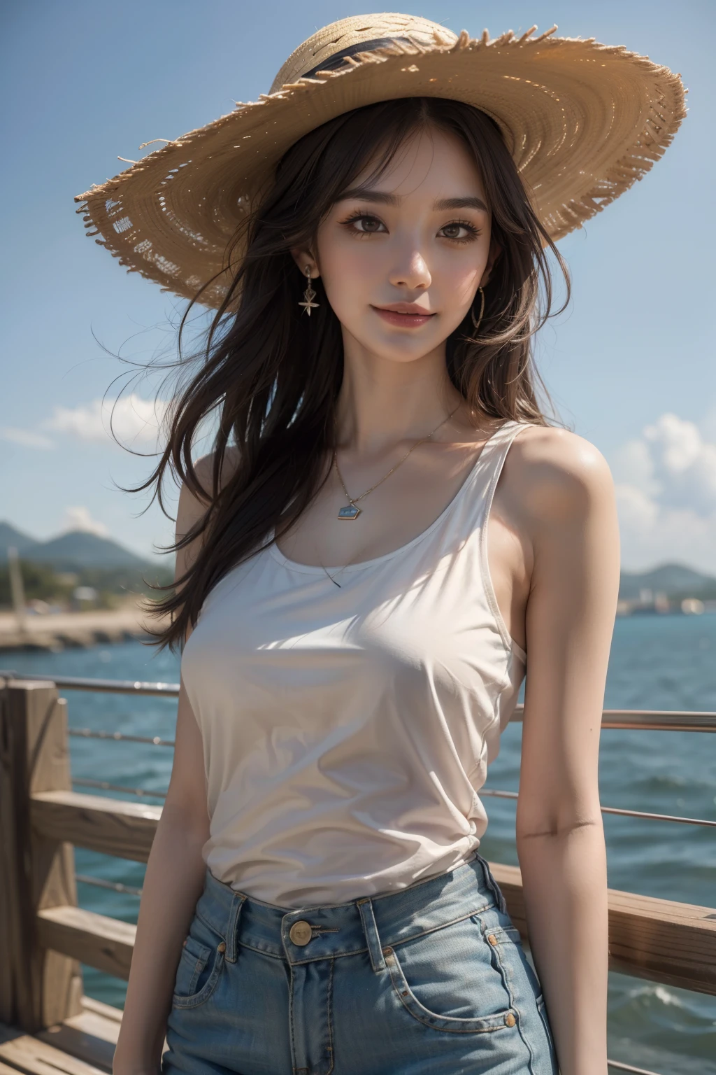 (best quality, 8k,32k,masterpiece, UHD:1.2),extremely detailed CG unity 8k wallpaper,intricate details,Raw photo,(photorealistic:1.4),atmosphere,ultra high res,Realistic,Real,Huge_filesize,incredibly absurdres,(centered:1.3),Ultra illustration,(ultra-detailed),dramatic lighting,various colors,depth of field,art by krenz cushart,golden hour lighting,taken by Canon EOS,SIGMA Art Lens 35mm F1.4,ISO 200 Shutter Speed 2000,blurry background,
BREAK,
1girl,(smile:1.3),slim body,(long straight hair with SEE THROUGHbangs,:1.4),solo,20-year-old Japanese beautiful woman, (sea,straw hat,white tank top:1.4),(light brown hair:1.5),((brown eyes)),Large breasts,chest, Soft white skin that shines with every detail,pale skin,Very beautiful face,Very well-formed face,Natural and realistic face,Best,beautiful detailed eyes,striking eyes,Eyes drawn in detail, smile with your mouth closed,Detailed mouth,Detailed lips,shiny beautiful lips,Glossy lips,simple earrings,necklace,jewelry, solo focus,low neckline,
BREAK,
Front lighting,kool,Standing,sensual expression, BREAK,
(Dutch angle:1.4),looking at viewer,
BREAK,tzuyu,yui aragaki,