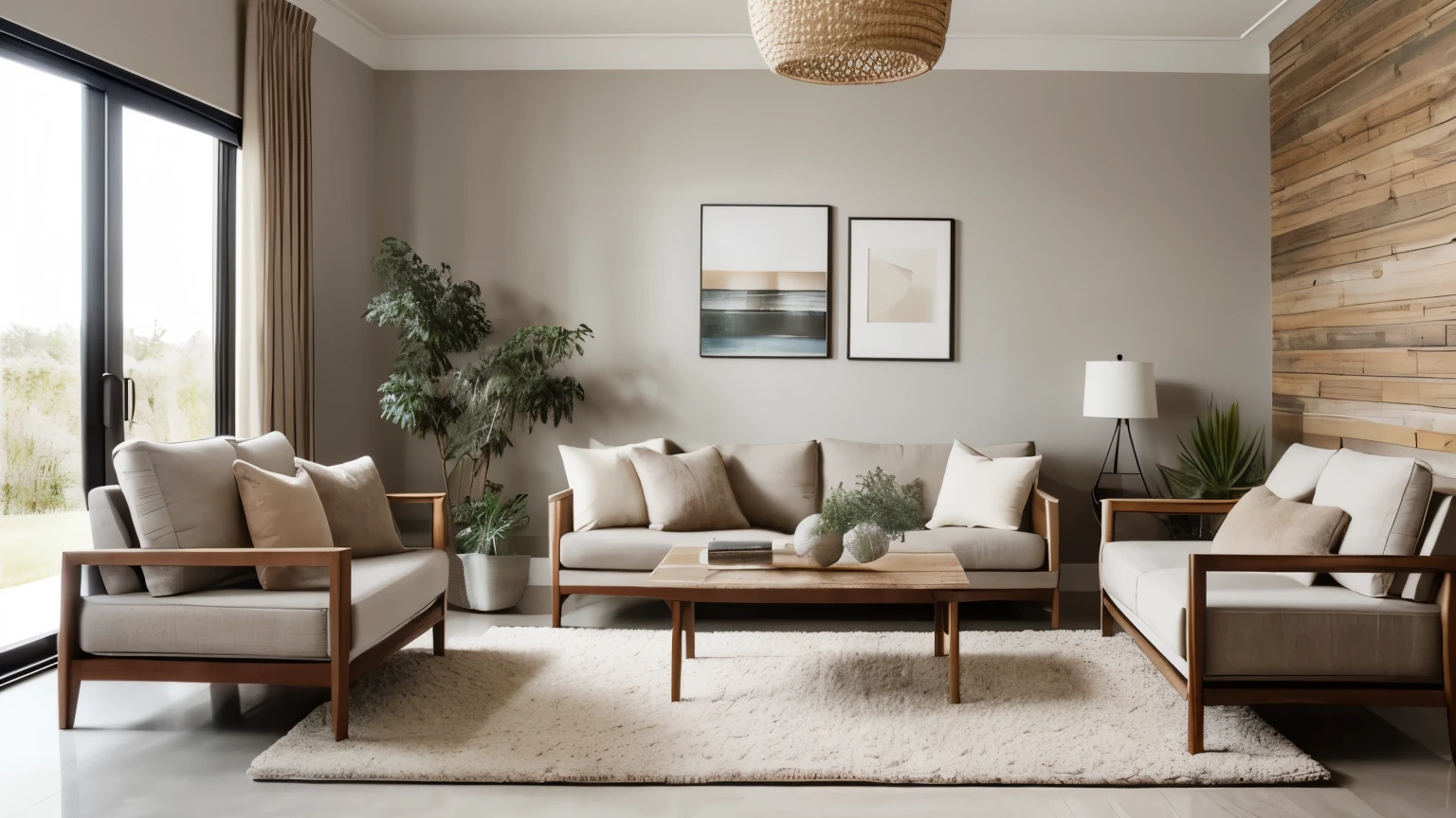 A minimalist living room design, high ceiling, Scandinavian touch, comforting earthly tones, neutral color palette with shades of white, light gray, and warm beige. Simple and functional furniture with clean lines, natural materials such as light wood, sheepskin rugs, and woven textiles. Pops of color with earthy-toned throw pillows, artwork, or decorative accents. Maximize natural light. High quality, Rich details, 16K.