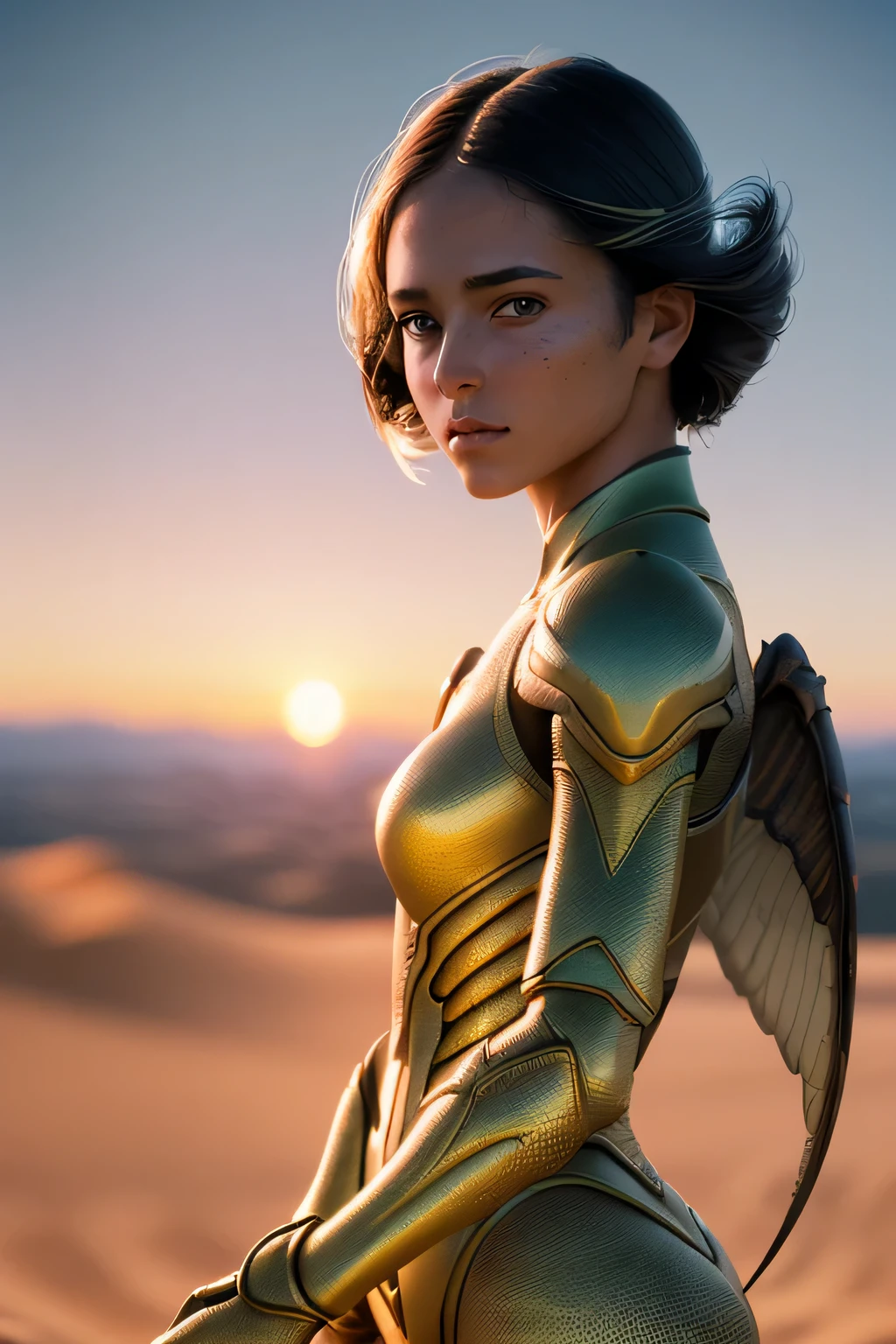 (masterpiece), (very complicated:1.3), (realistic), girl portrait, the most beautiful in the world, (locust-like wings), scale powder reflection, outdoor, intense sunlight, distant dune, Stunning female professional photo details, sharp focus, dramatic, Award history, cinematic lighting, Octane Rendering Unreal Engine, volumetrics dtx, (film grain, blurred background, blurred foreground, Bokeh, Depth of the bounds written, sunset, motion blur:1.3), thin clothing