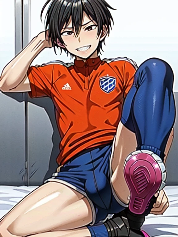 (((official art,Super thin illustration,High resolution, muste piece, best quality,best quality,)))high quality, detailed, (little boy),12 years old,(((solo)))、 A young ace striker male idol with a super cute face,A boy as beautiful as Planding, Cool handsome face with a smile, soccer spike, long legs, thighs, Foots, No bulge, (black hair、short hair)、shiny hair, (Tight shiny random color soccer uniform suit), (tight and shiny soccer shorts), (soccer socks), grassy area, cool pose, (厚いthighs、Seducing a big ass into your crotch)、(((soccer field in the park)))、((Saucy、))、grinning grin、spread legs,ultra fine painting, (best quality, In 4K, 8K, High resolution, muste piece:1.2),service shot、((detailedな目:1.2))、showing off his big butt、proud butt、Covering eyes Pose