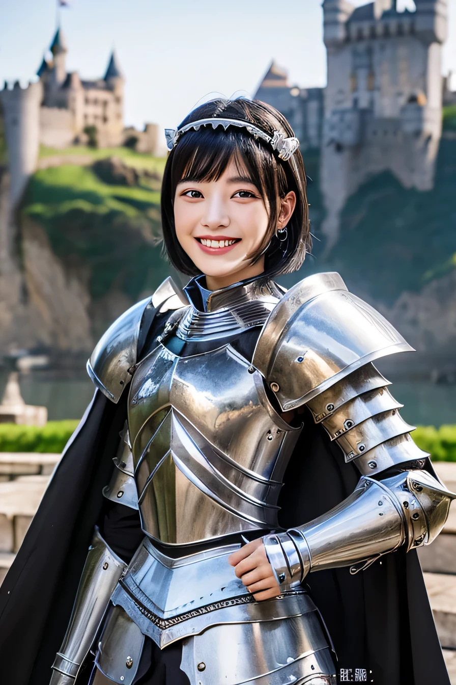 ８Ｋ、highest quality、female knight、The background is a castle、Luxurious Silver Armor、heavy equipment、black hair、hairstyle short cut、smile、beautiful teeth、full body photo、ear piercing、Dragon Helm

