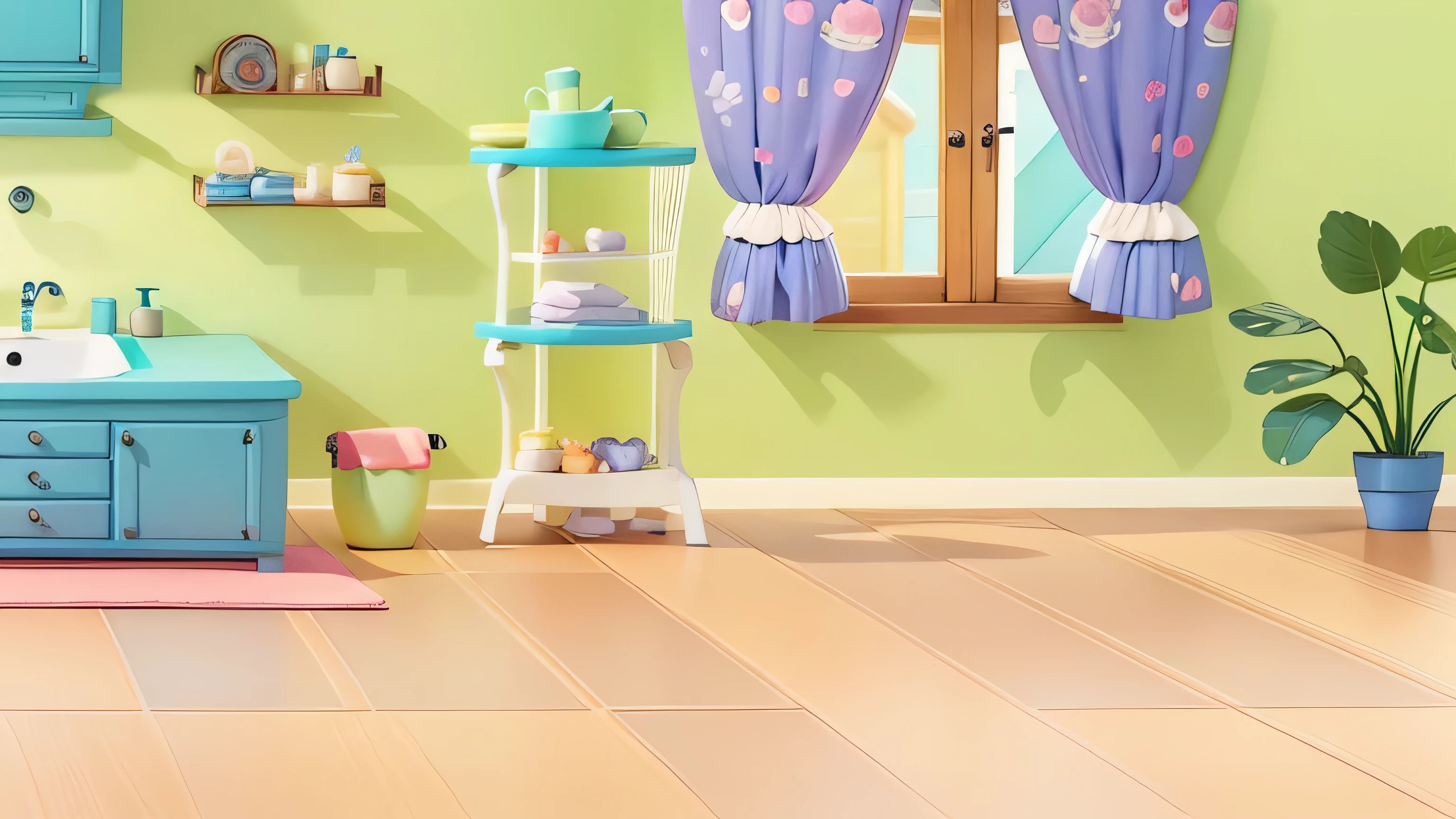 cartoon illustration of a bathroom with a sink, toilet, and a window, background art, cozy home background, interior background art, alien room background, in a candy land style house, random background scene, 2 d game art background, house background, kitchen background, cute bakery shop, stylized digital illustration, screenshot from the game, mobile game background