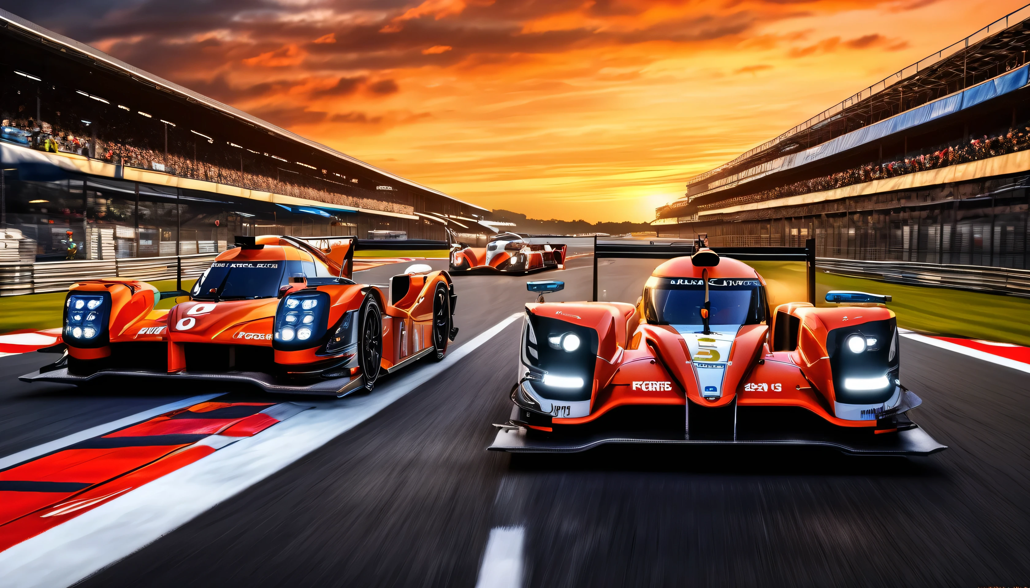 a scene that evokes the grandeur of the Le Mans race on year of 2023, the racers in their LMP2's and LMP3's as they speed around the race track at Circuit de la Sarthe race track as the earth trembles with the roar of their V8 engines, the LMP2 hypercars with the mechanical precision and design perfection characteristic of James key's work at the Circuit de la Sarthe's winding track, Dunlop Bridge, racing cars, vibrant colors, and sunsets, embodying speed and elegance, are rendered with the same level of detail and realism, best quality, award winning, super detail, photo realistic, UHD, 16k, masterpiece, best quality, vivid color, panorama