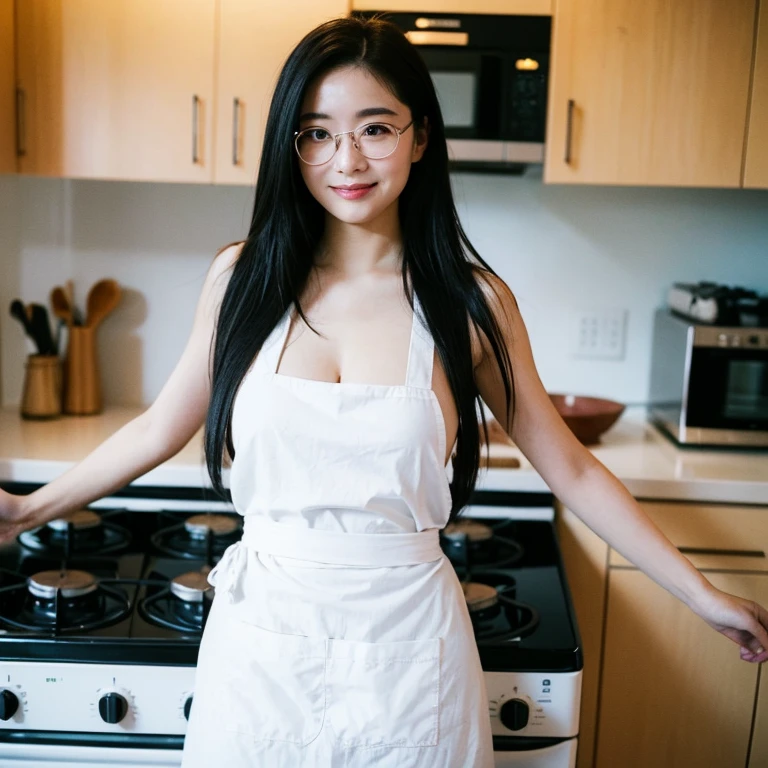 ((最high quality、8K、masterpiece、portrait:1.3)), hair, fine eyes, Single-lens reflex camera, high quality, 35 years oldのきれいな女日本人女性, 35 years old, Glasses, plump body, big breasts、cleavage、黒hair, long straight hair, neat apartment kitchen、Cooking、she is completely naked、Wearing a white apron with frills.、barefoot、wedding ring, rat trail section、gentle smile、best shot